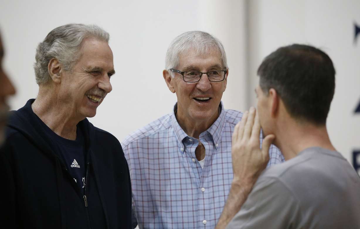 Phil Johnson and Jerry Sloan talk with John Stockton as the 1997 Utah Jazz team members gather for a reunion in Salt Lake City on Wednesday, March 22, 2017. (Jeffrey D. Allred, KSL)