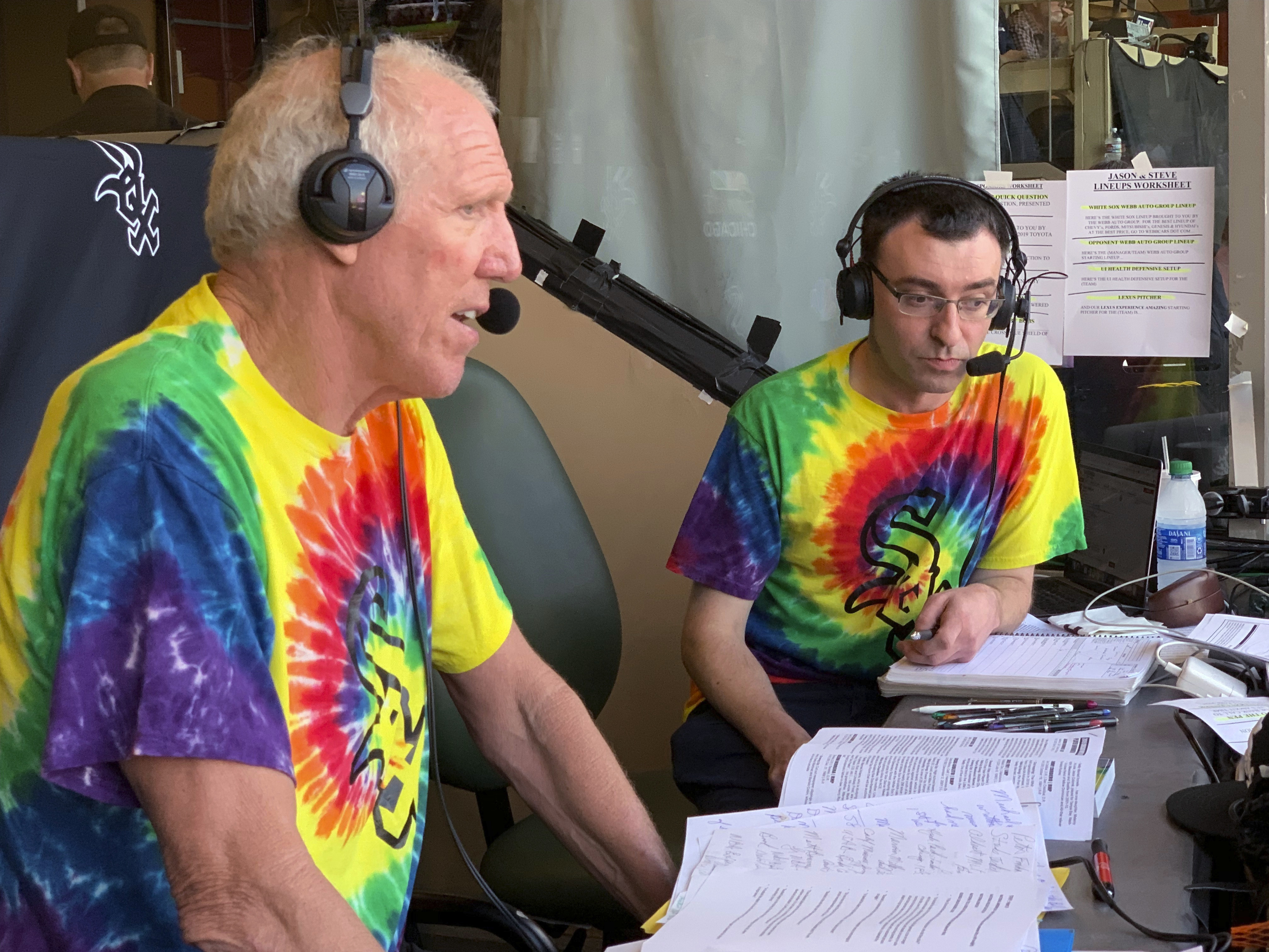 Bill Walton does commentary on NBC Sports Chicago for the Chicago White Sox's baseball game against the Los Angeles Angels on Friday, Aug. 16, 2019, in Anaheim, Calif. Walton was calling the game on an invitation from the White Sox.