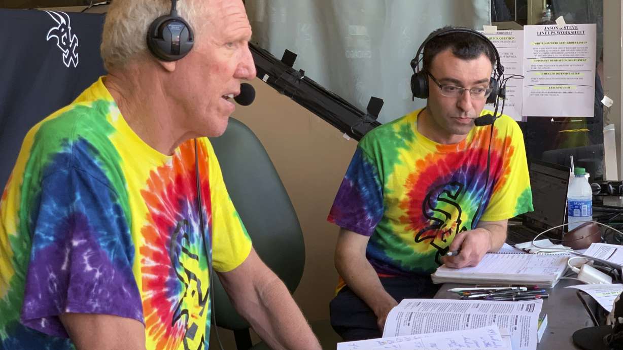 Bill Walton does commentary on NBC Sports Chicago for the Chicago White Sox's baseball game against the Los Angeles Angels on Friday, Aug. 16, 2019, in Anaheim, Calif. Walton was calling the game on an invitation from the White Sox.