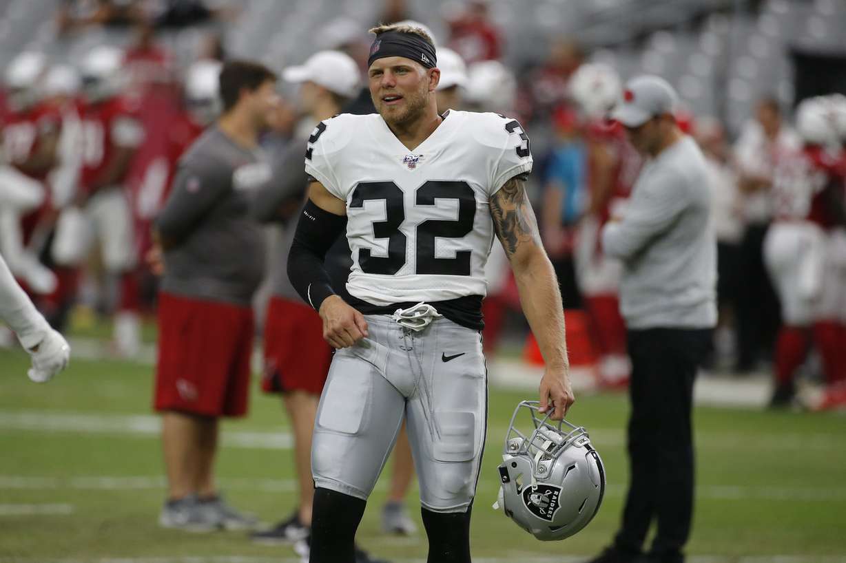 Oakland Raiders defensive back Dallin Leavitt (32) during an an NFL preseason football game against the Arizona Cardinals, Thursday, Aug. 15, 2019, in Glendale, Ariz. The Raiders won 33-26.