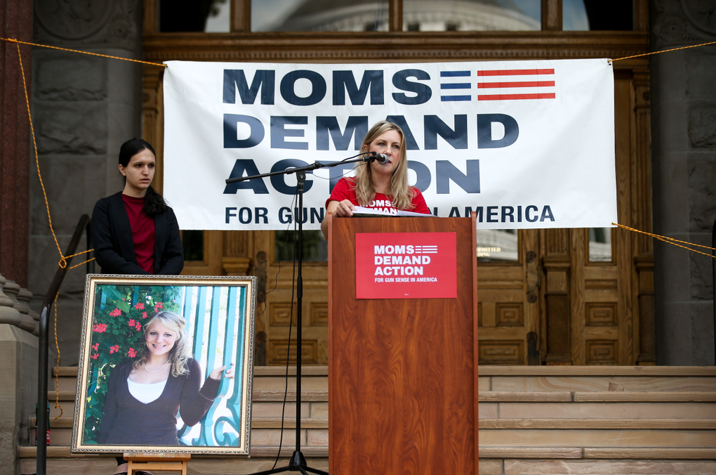 Carolyn Tuft, who was injured and whose daughter Kirsten Hinckley, pictured at left, was killed in the 2007 Trolley Square mass shooting, speaks at a rally for stronger gun control laws at the Salt Lake City-County Building in Salt Lake City on Saturday, Aug. 17, 2019. (Spenser Heaps, KSL)