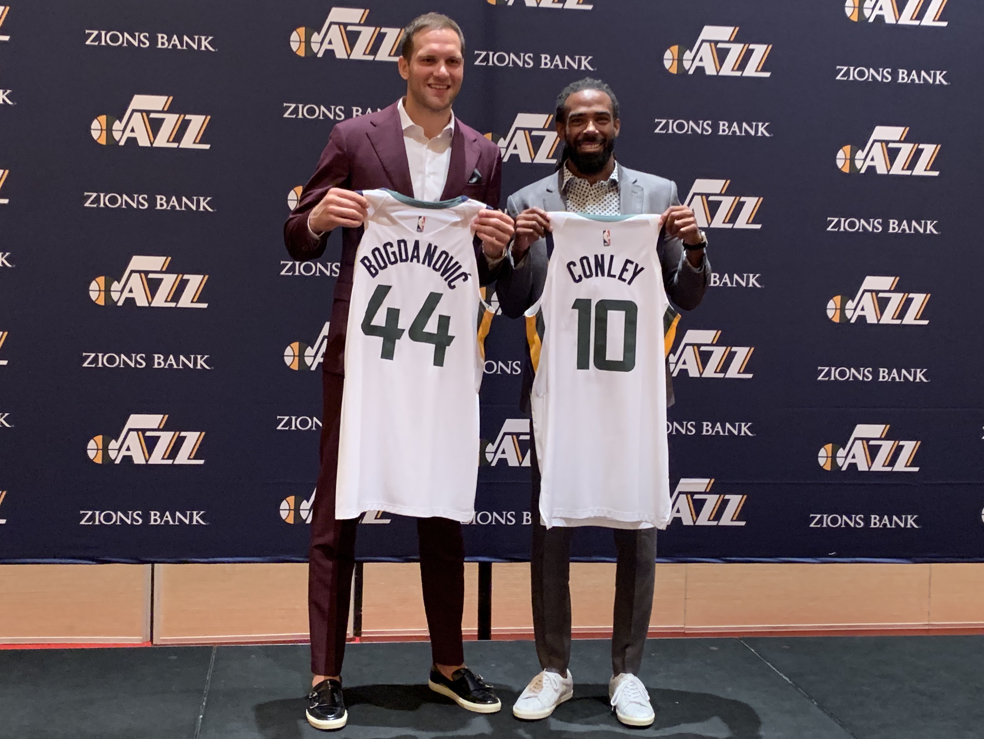 Mike Conley and Bojan Bogdanovic participated in an introductory press conference for the Utah Jazz on Monday, July 8, 2019 in Las Vegas where they showcased their No. 10 and No. 44 jerseys. (Photo: Eric Woodyard, KSL.)