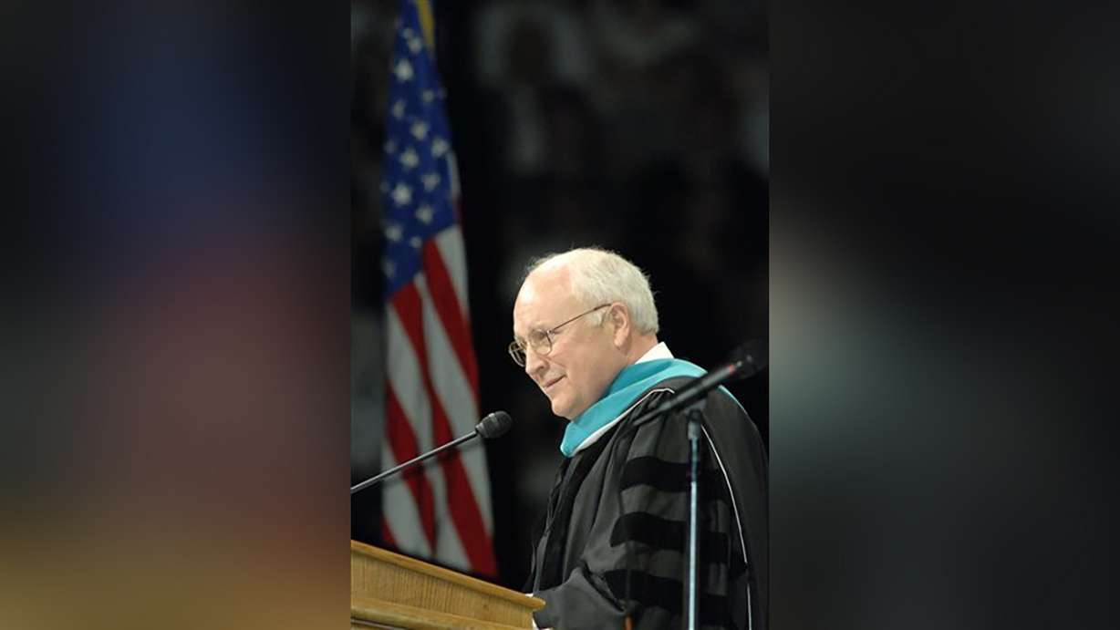 Vice President Dick Cheney gets a standing ovation at BYU graduation April 26, 2007. Photo: KSL TV