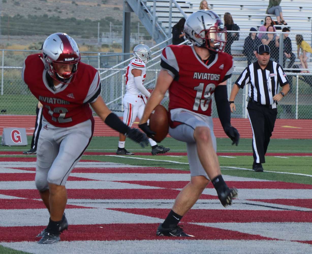 Jaxson Dastrup, #18, celebrates the first home touchdown in Cedar Valley High School History as Spanish Fork plays at Cedar Valley in a UHSAA high school football game, Friday, Aug. 23, 2019 in Eagle Mountain. The Dons won, 42-14. (Photo: Sean Walker, KSL.com)