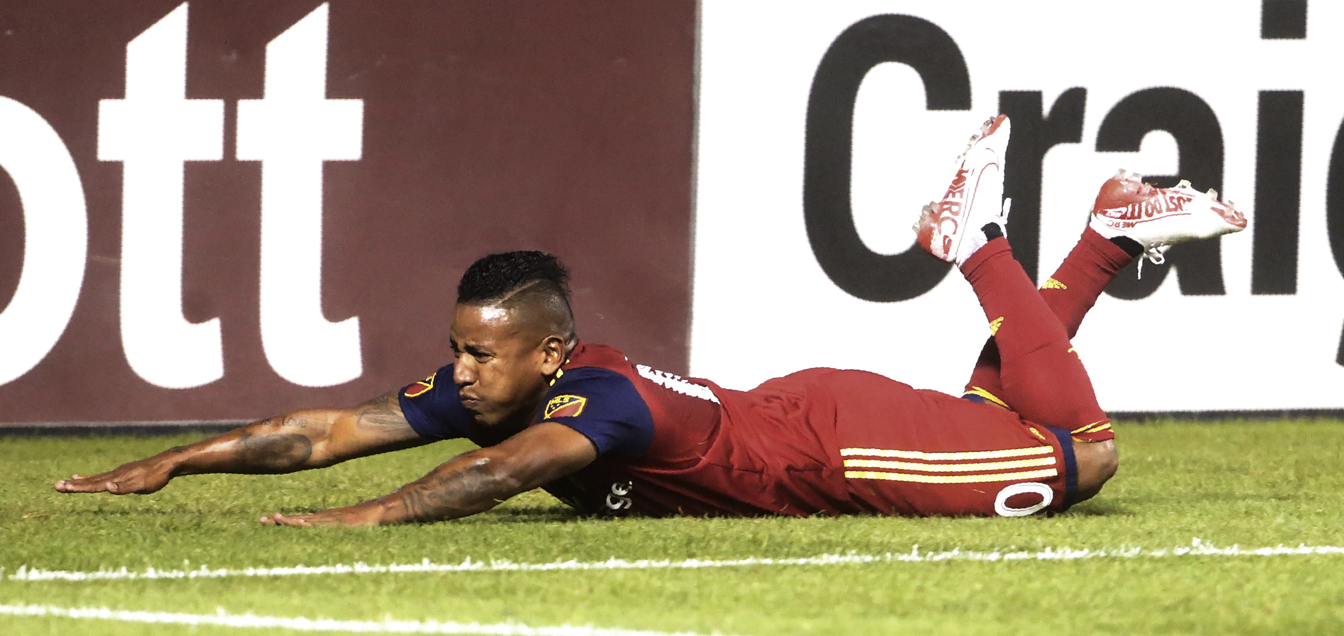 Real Salt Lake forward Joao Plata celebrates after scoring against the Colorado Rapids during stoppage time in the second half of an MLS soccer match Saturday, Aug. 24, 2019, in Sandy, Utah. (AP Photo/Rick Bowmer)
