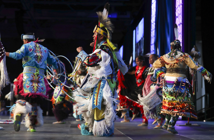 Tribal dancers from the Northern Ute, Navajo and Hopi tribes perform during opening day of the 68th United Nations Civil Society Conference at the Salt Palace Convention Center on Monday. (Photo: Steve Griffin, KSL)