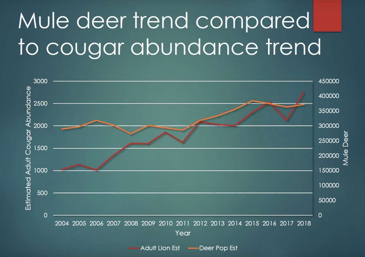 This graph, provided by the Division of Wildlife Resources on Thursday, Aug. 26, 2019, shows the estimated populations of mule deer and cougars in Utah from 2004 through 2018. (Graphic: Utah Division of Wildlife Resources)