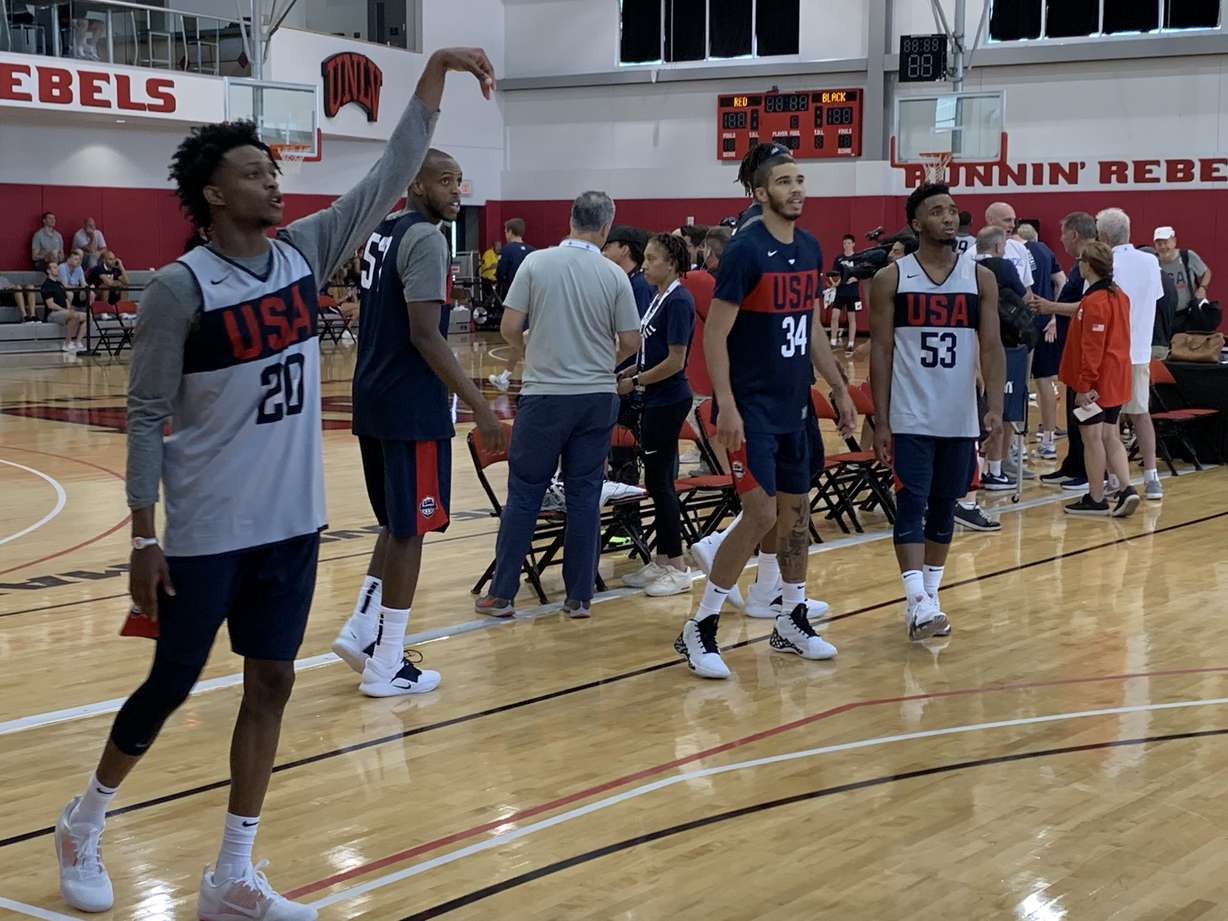 Utah Jazz guard Donovan Mitchell (No. 53) participates in training camp for the USA men's national team on Monday, Aug. 5, 2019 in Las Vegas alongside his 2017 NBA draft classmates De'Aaron Fox and Jayson Tatum. (Photo: Eric Woodyard, KSL.)