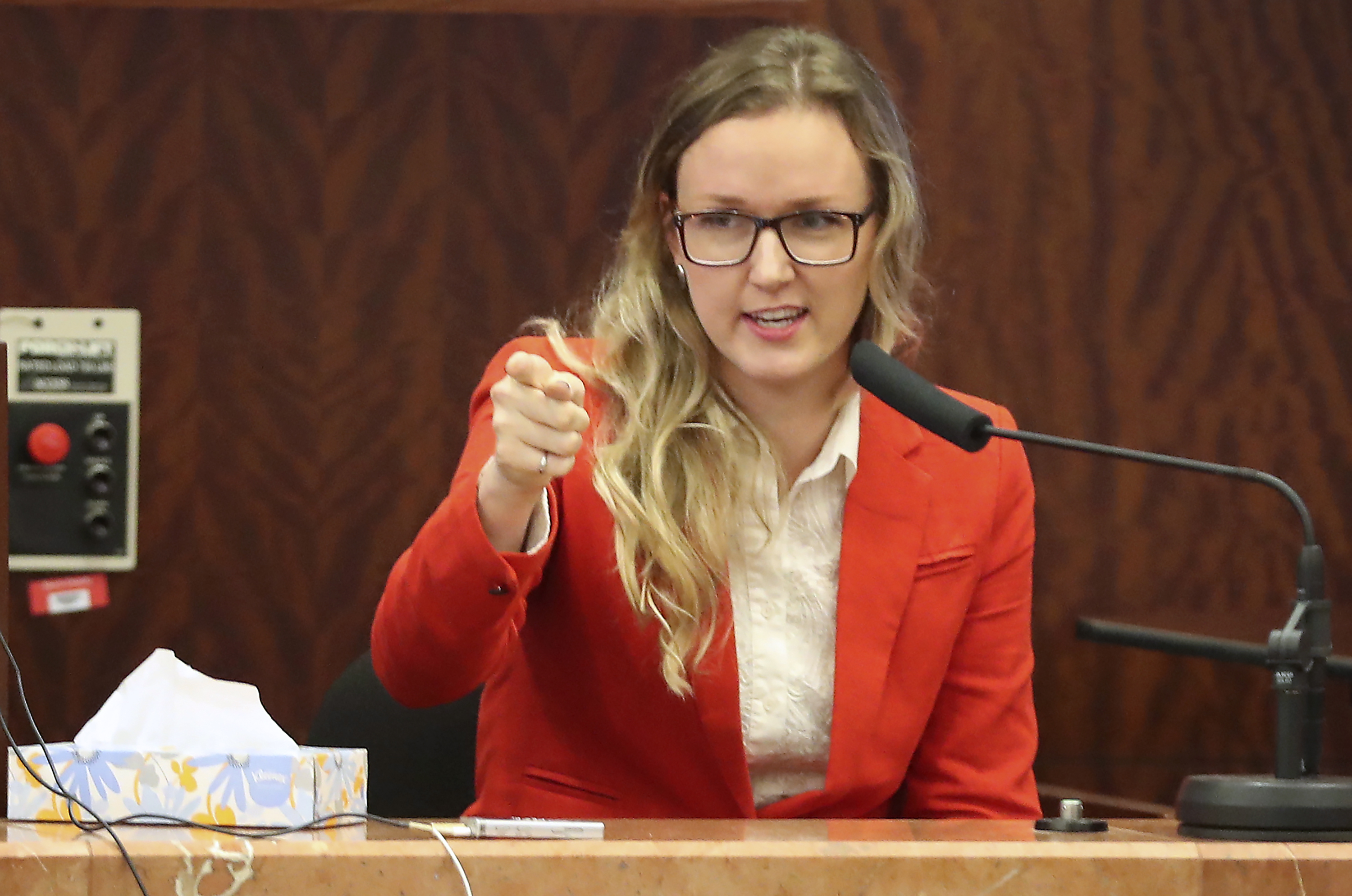 Aurielle Lyon, sister of Katie Stay, identifies Ronald Haskell during the second day of his capital murder trial Tuesday, Aug. 27, 2019, in Houston. (Steve Gonzales, Houston Chronicle via AP)