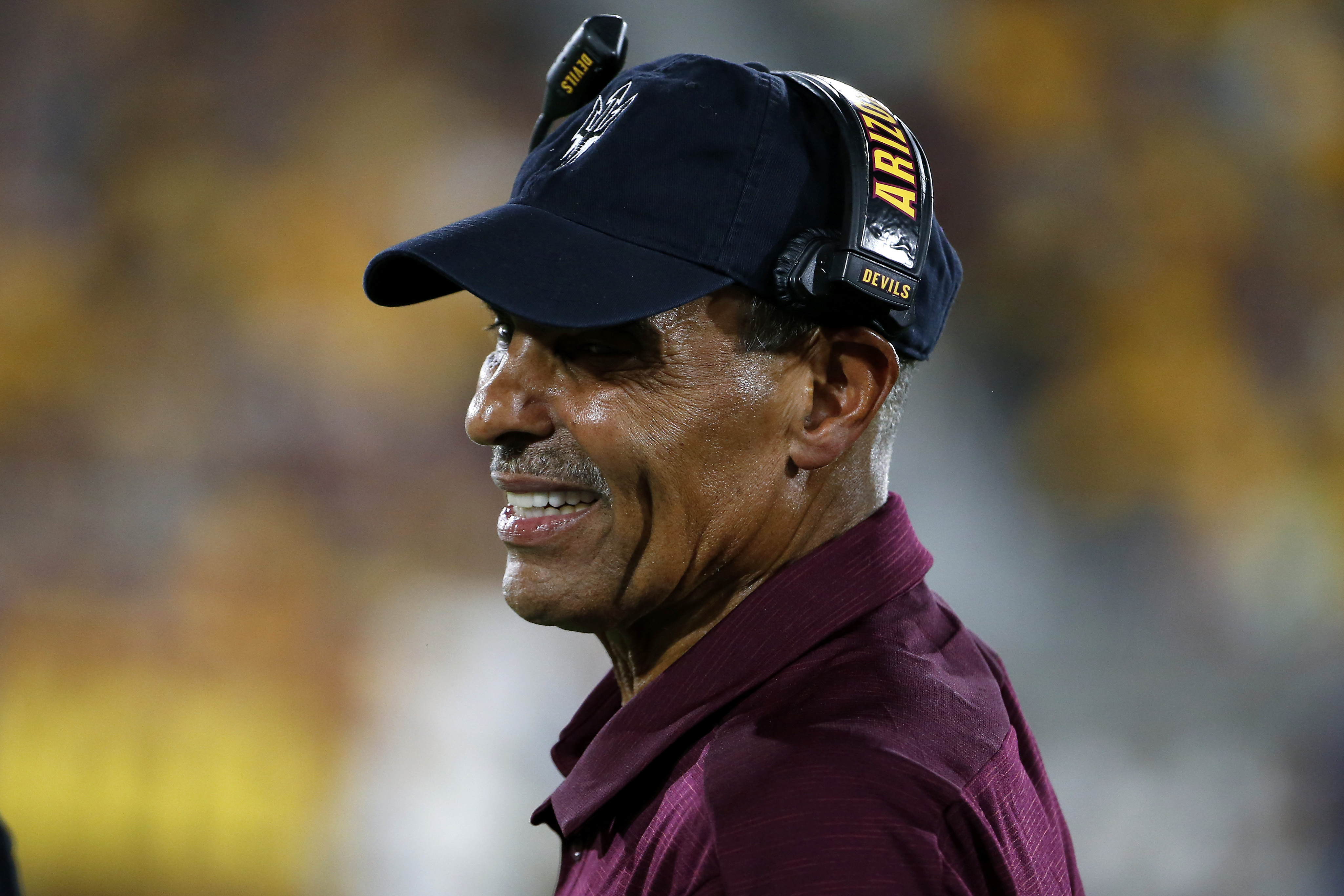 Arizona State head coach Herm Edwards during a game, Aug. 29, 2019, in Tempe, Ariz. Edwards was once recruited to play at BYU by legendary coach LaVell Edwards prior to signing with Cal and San Diego State.