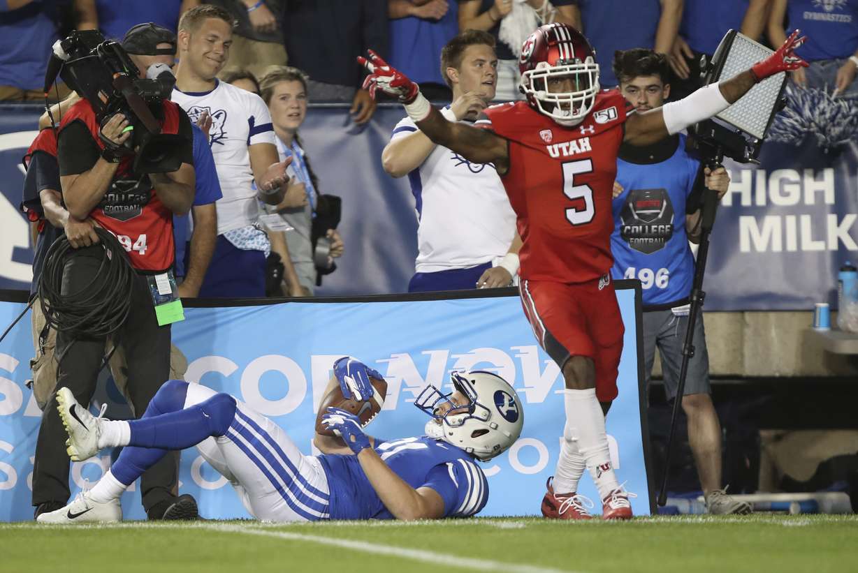 Utah defensive back Tareke Lewis (5) celebrates over BYU wide receiver Talon Shumway (21) after an incomplete pass in the first half during an NCAA college football game, Thursday, Aug. 29, 2019, in Provo, Utah.
(Photo: George Frey, AP)