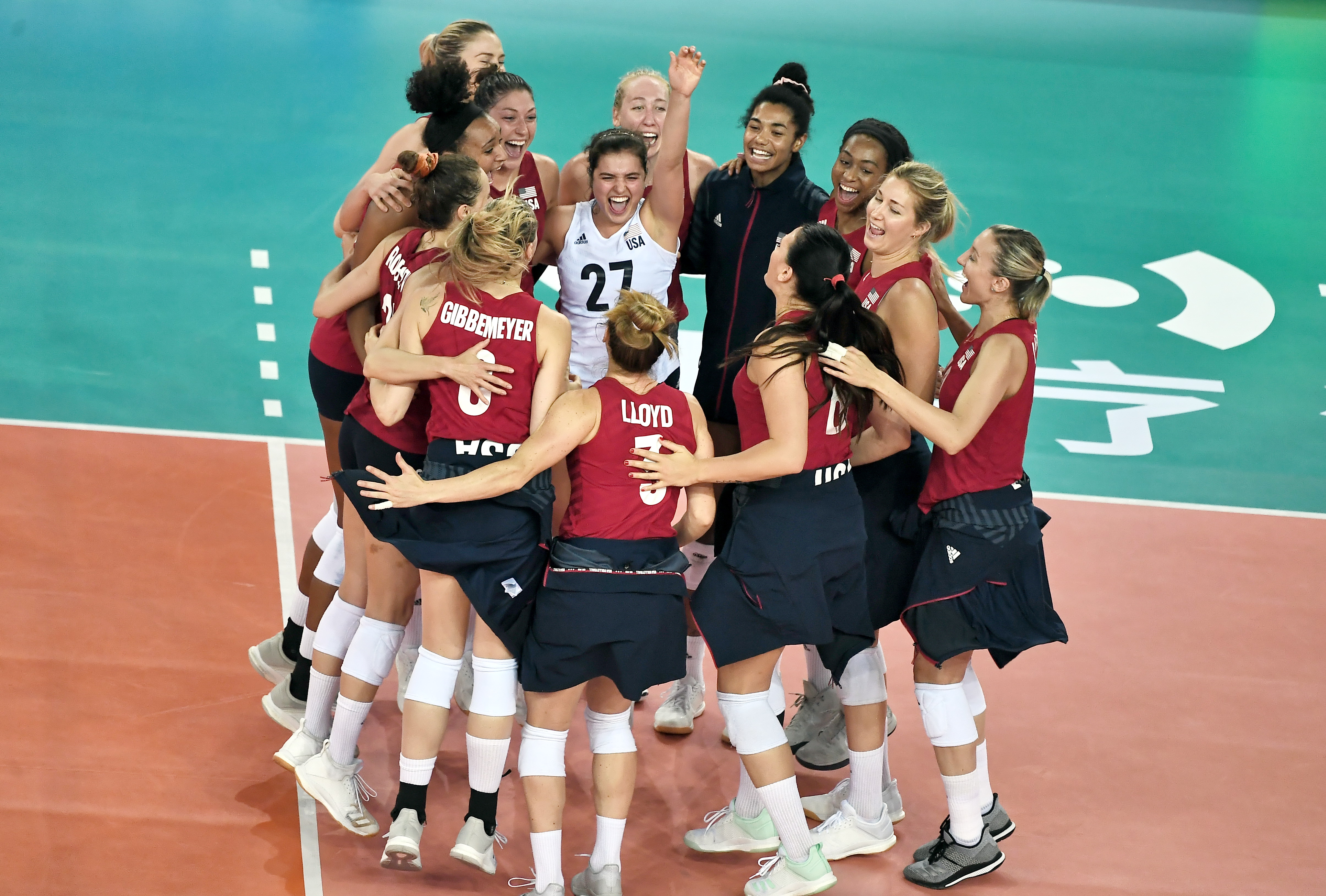 BYU volleyball player Mary Lake, #27, celebrates with her Team USA teammates during the 2019 Volleyball Nations League. (Photo via FIVB Photo)