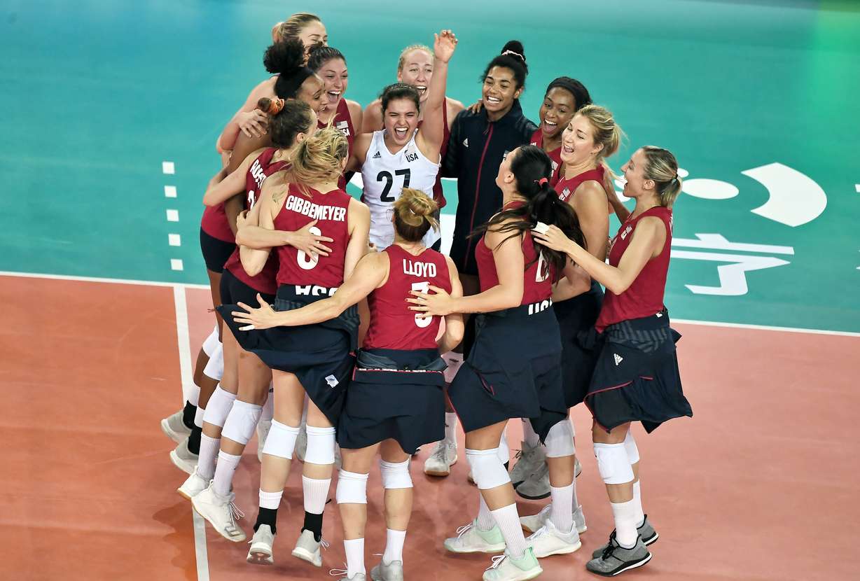 BYU volleyball player Mary Lake, #27, celebrates with her Team USA teammates during the 2019 Volleyball Nations League. (Photo via FIVB Photo)