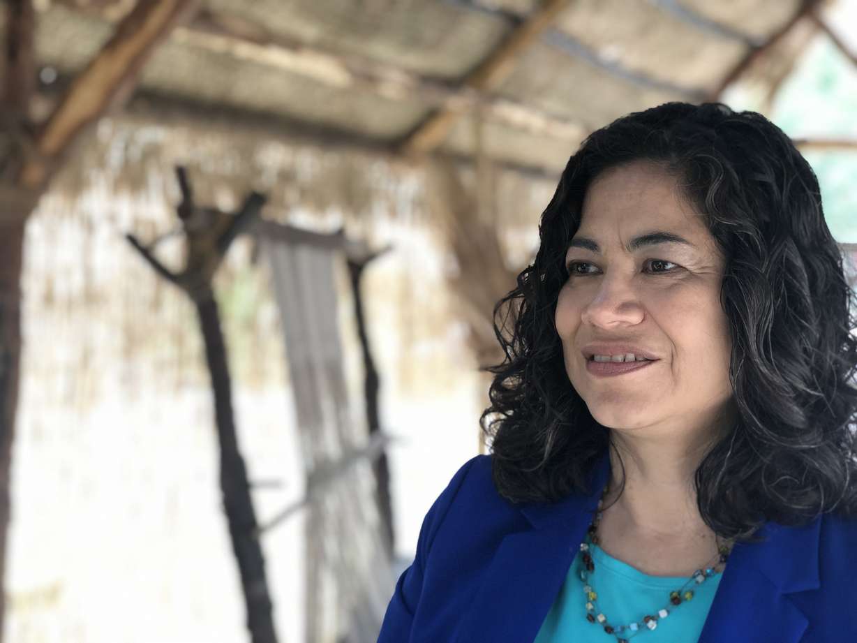 Sister Reyna Aburto, second counselor in the Relief Society General Presidency, talks to reporters on the set of The Book of Mormon videos in Provo. (Photo: Liesl Nielsen, KSL.com)