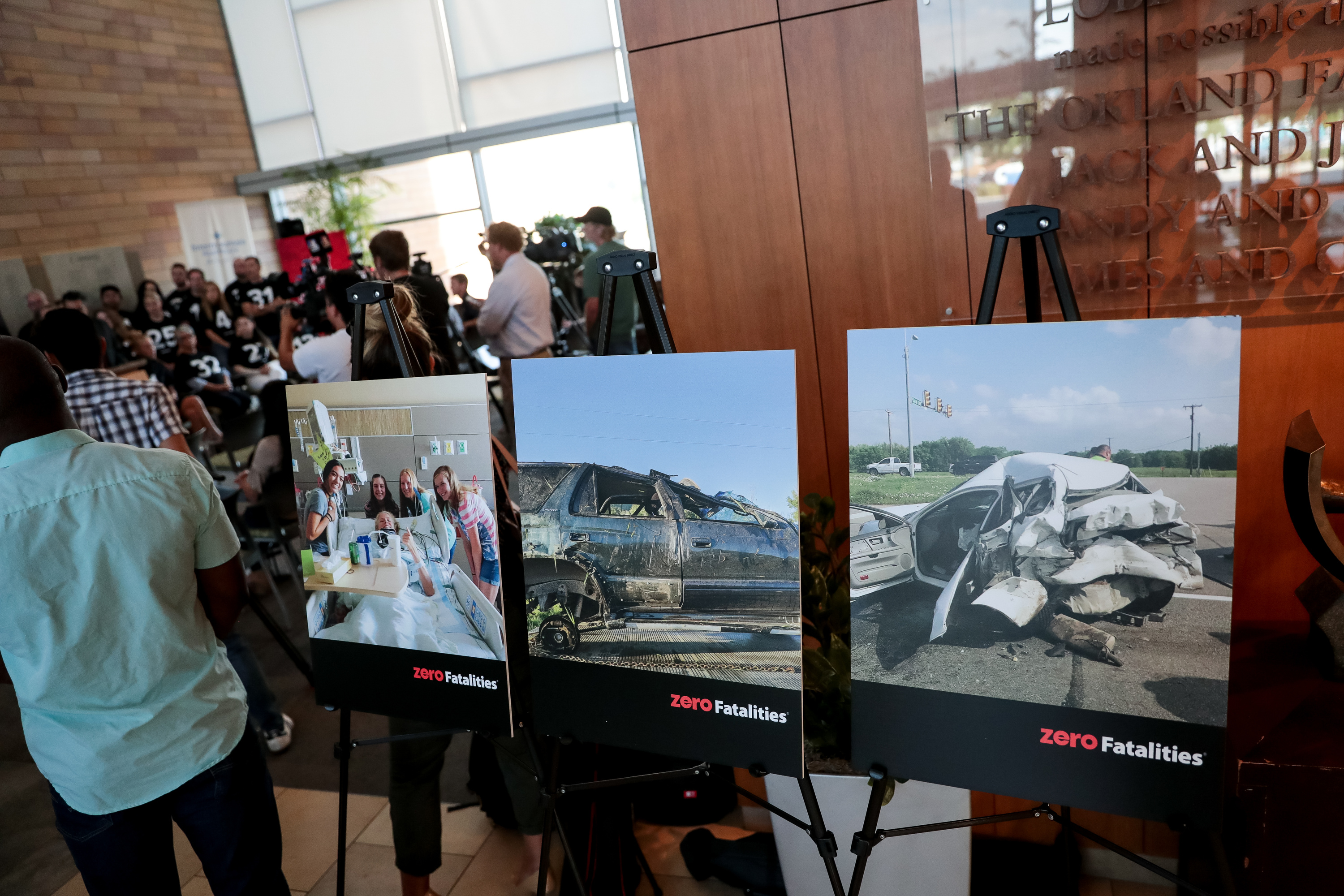 Photographs of the aftermath of car crashes are displayed at Intermountain Medical Center in Murray during a press conference on Thursday, Sept. 5, 2019, reporting the sharpest-ever decrease in the number of road fatalities during the summer. (Photo: Spenser Heaps, KSL)