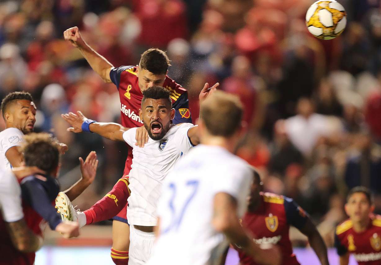 Real Salt Lake midfielder Damir Kreilach (8) heads the ball into the goal over San Jose Earthquakes midfielder Anibal Godoy (20) during the Real Salt Lake and San Jose Earthquakes game at Rio Tinto Stadium on Wednesday, Sept. 11, 2019. (Photo: Scott G Winteron, KSL)