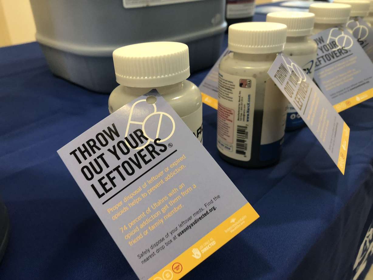 Six-ounce bottles filled with an active carbon-based solution that could destroy up to 40 pills are pictured during a press conference at the Old Dome Meeting Hall in Riverton on Thursday, Sept. 12, 2019. Photo: Felicia Martinez, KSL TV