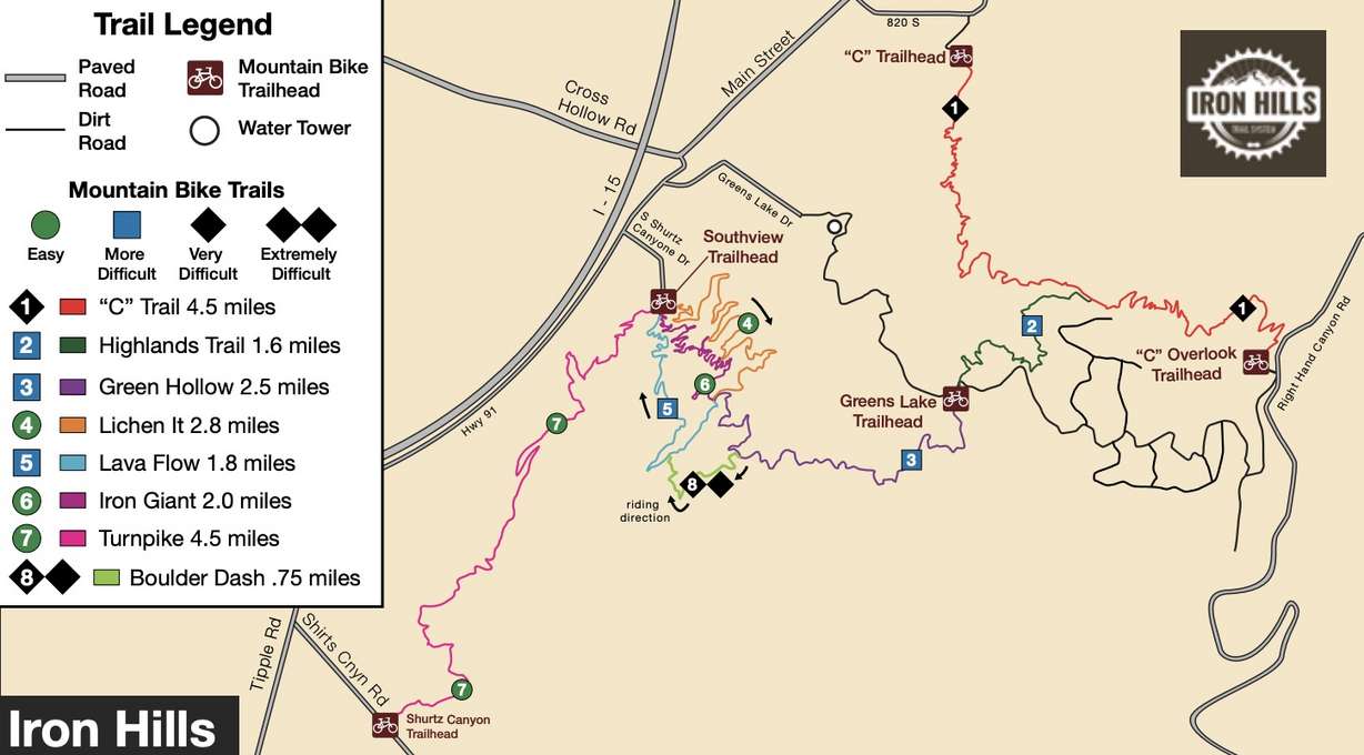 A map of the Iron Hills Trail System in southeastern Cedar City, including the Turnpike Trail, which ceremoniously opened on Thursday, Sept. 12, 2019. (Graphic: Cedar City-Brian Head Tourism Bureau)