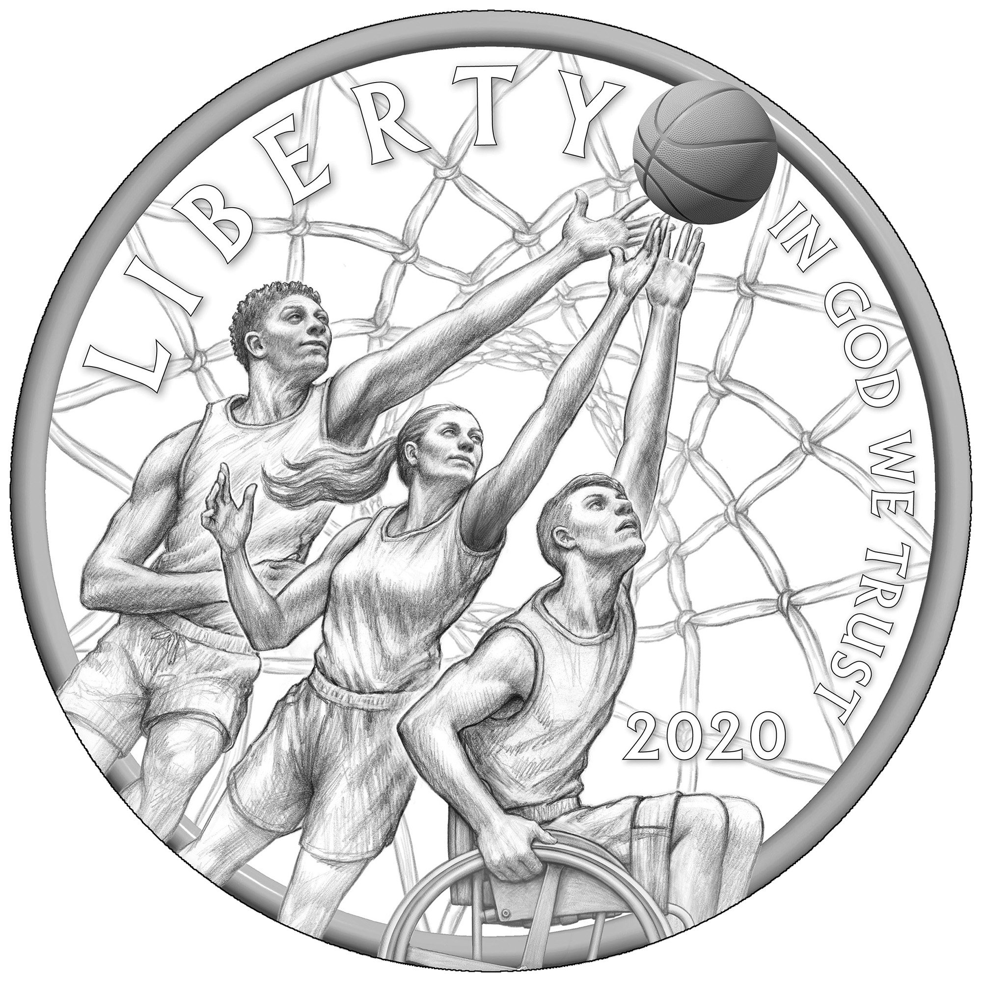 The obverse side of the 2020 Naismith Memorial Basketball Hall of Fame commemorative coin that BYU associate professor of illustration Justin Kunz designed. Kunz said the design idea began from a NCAA men's basketball tournament game at Vivint Arena in Salt Lake City on Saturday, March 23, 2019. (Photo courtesy U.S. Mint)