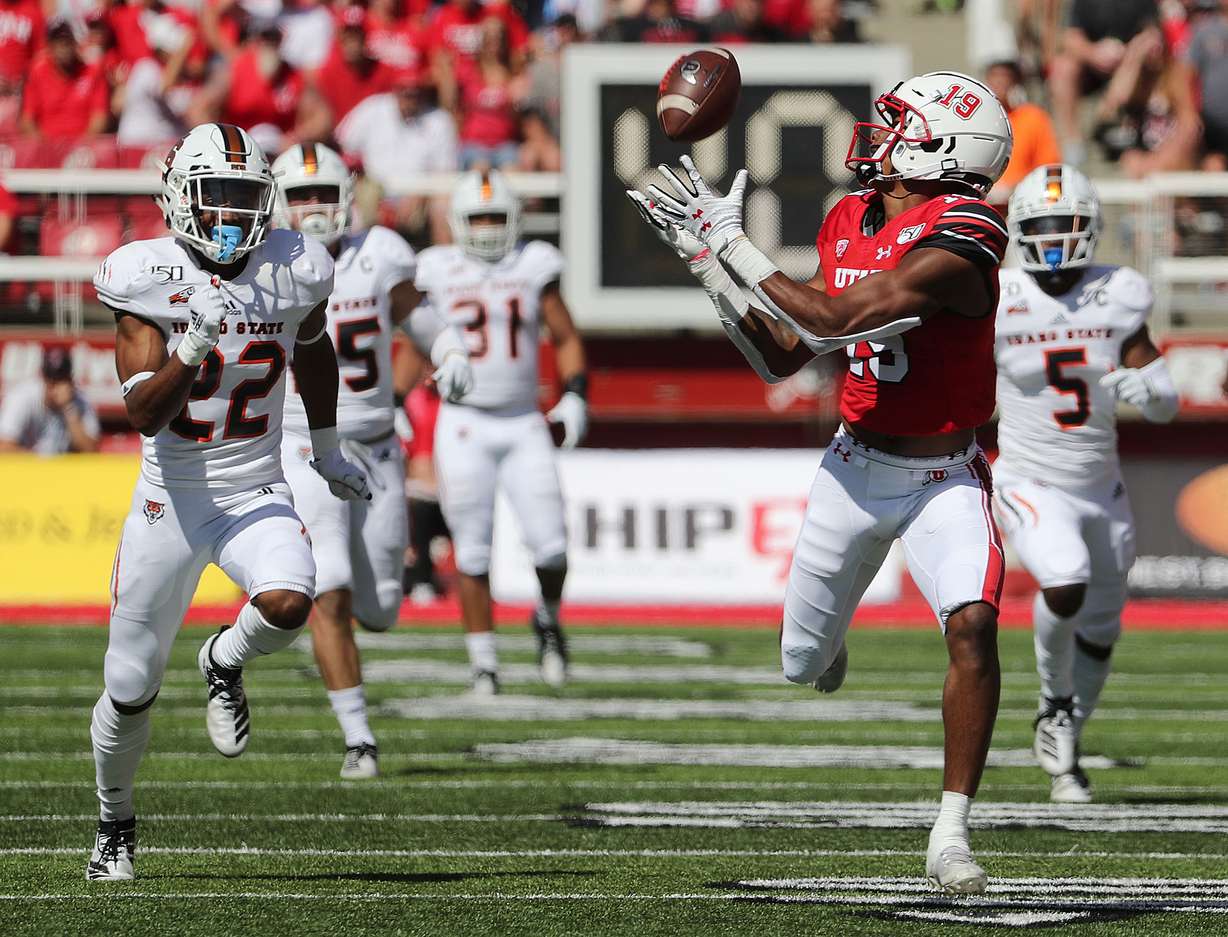 Utah Utes wide receiver Bryan Thompson catches a pass and runs for a touchdown against the Idaho State Bengals during NCAA football in Salt Lake City on Saturday, Sept. 14, 2019. (Photo: Ravell Call, KSL)