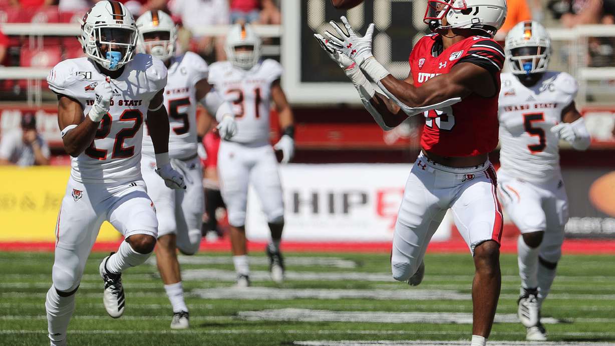 Utah Utes wide receiver Bryan Thompson catches a pass and runs for a touchdown against the Idaho State Bengals during NCAA football in Salt Lake City on Saturday, Sept. 14, 2019.