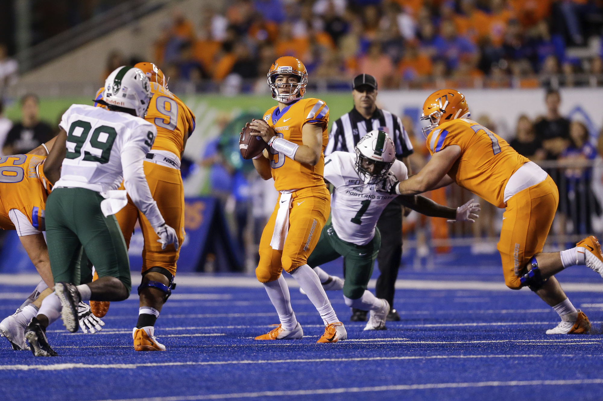 Boise State quarterback Hank Bachmeier (19) looks for a receiver during the first half against Portland State, on Saturday, Sept. 14, 2019, in Boise, Idaho.