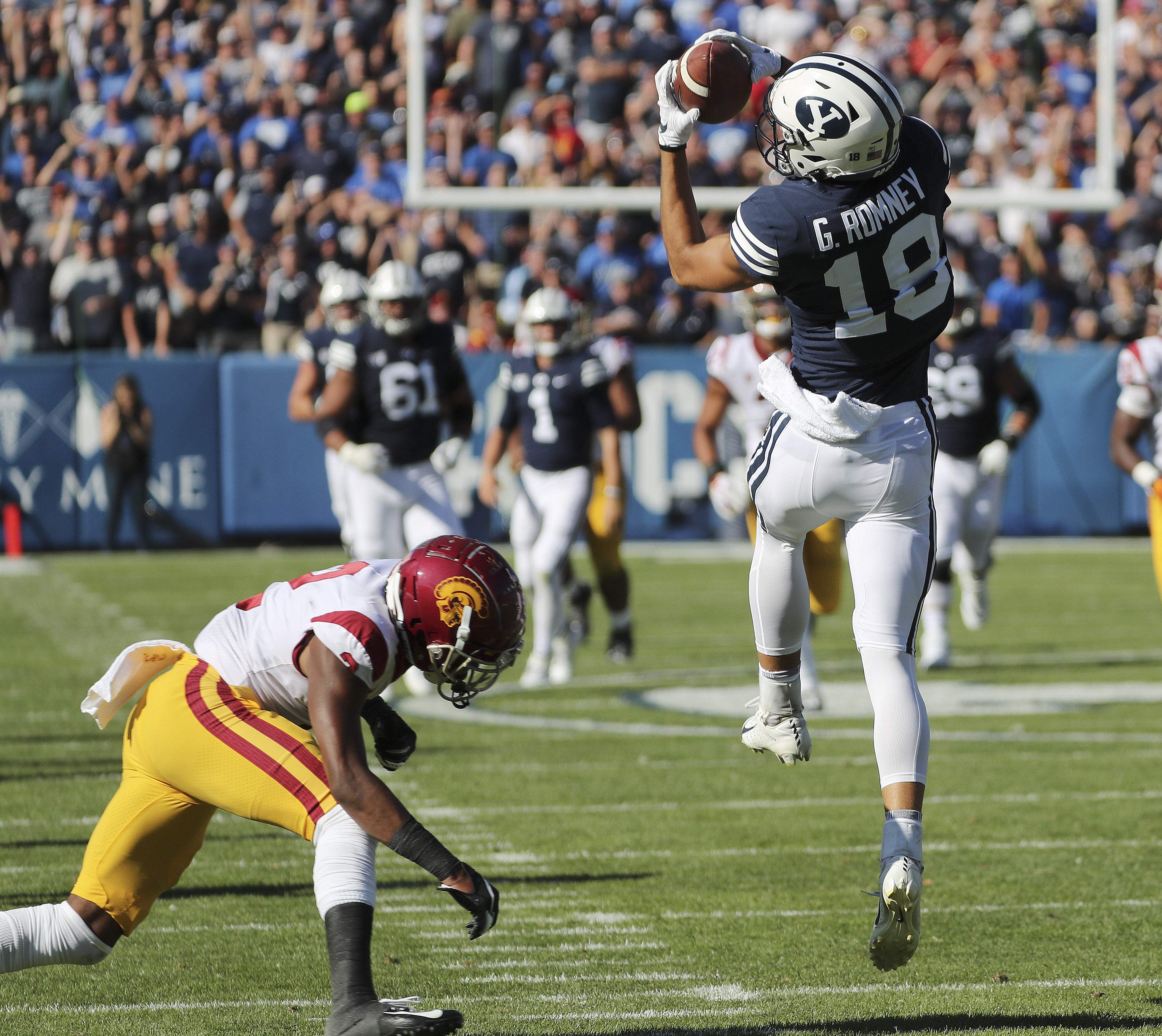 Brigham Young Cougars wide receiver Gunner Romney (18) grabs a pass to set up a touchdown in Provo on Saturday, Sept. 14, 2019. BYU won 30-27 in overtime. (Photo: Jeffrey D. Allred, KSL)