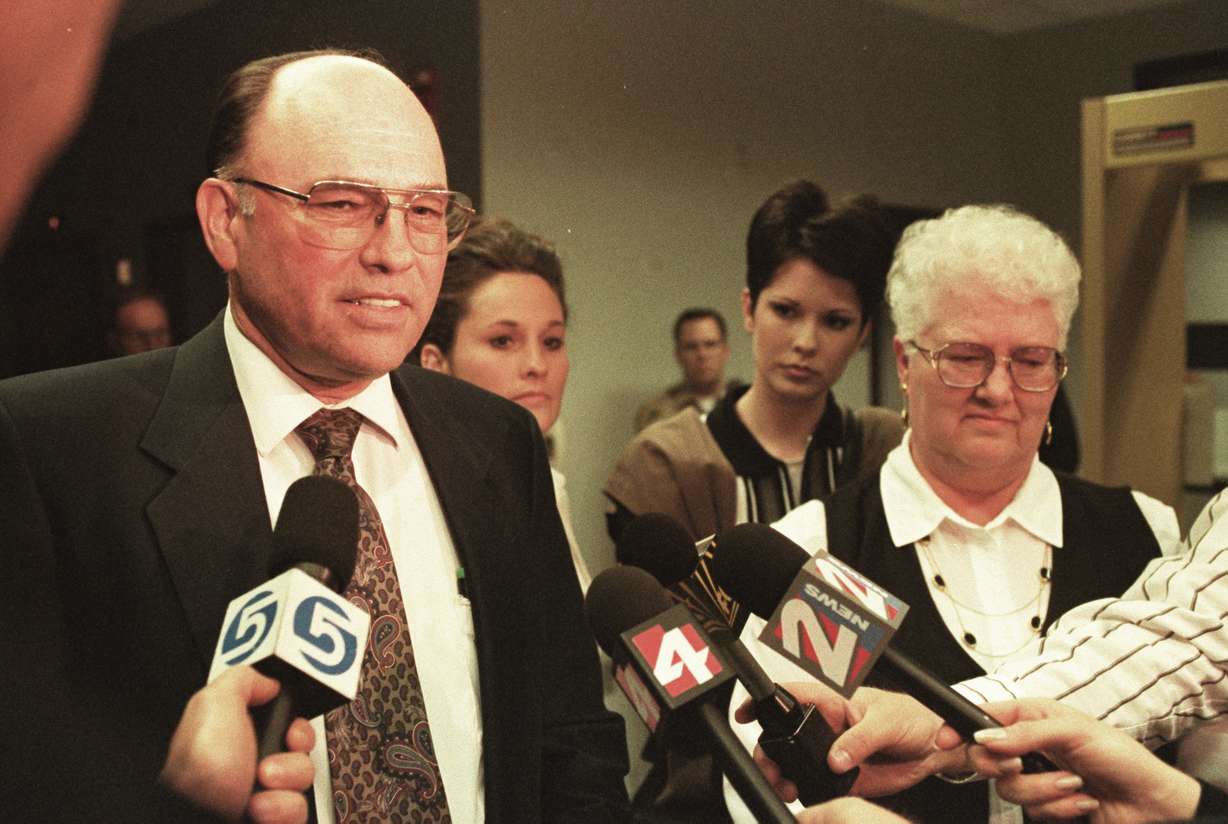 Wright Family and Attorney's press conference,after Ron Lafferty death sentence. 4/17/96. (Submission date: 07/23/2004) (Photo: Deseret News Archive.)