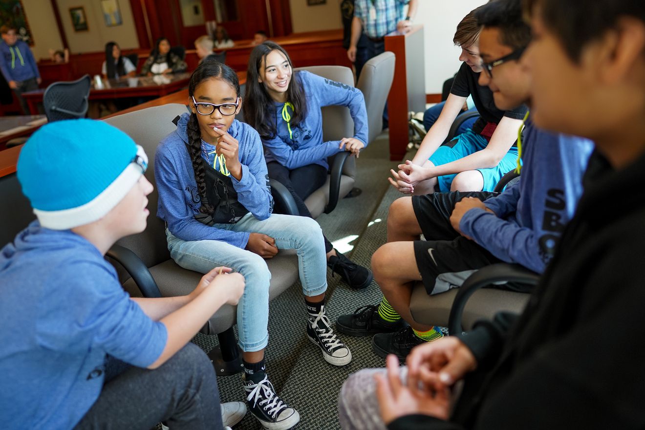 Zander Zoun, Denasja Taylor, Taliyah Vigil, Corlin Fitzgerald, Isaac Hernandez and Monica Arellano, all 13-year-old students at Nibley Park School, deliberate in their roles as jurors in a mock trial during a Constitution Day field trip to the Matheson Courthouse in Salt Lake City on Tuesday, Sept. 17, 2019. Students from Nibley Park School and Northwest Middle School conducted the mock trials at the courthouse in observance of the 232nd anniversary of the signing of the U.S. Constitution. (Photo: Spenser Heaps, KSL)