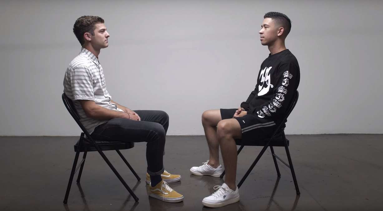 Colin Ross (left) the BYU student and bachelor featured on the first season of "Provo's Most Eligible," faces off with YouTuber Noel Miller in an interview video posted Thursday, Sept. 12, 2019. Miller helped boost the viral Utah dating show earlier this year when he streamed his reactions to episodes of the show to his 1.54 million YouTube subscribers. (Photo: Noel Miller/YouTube)