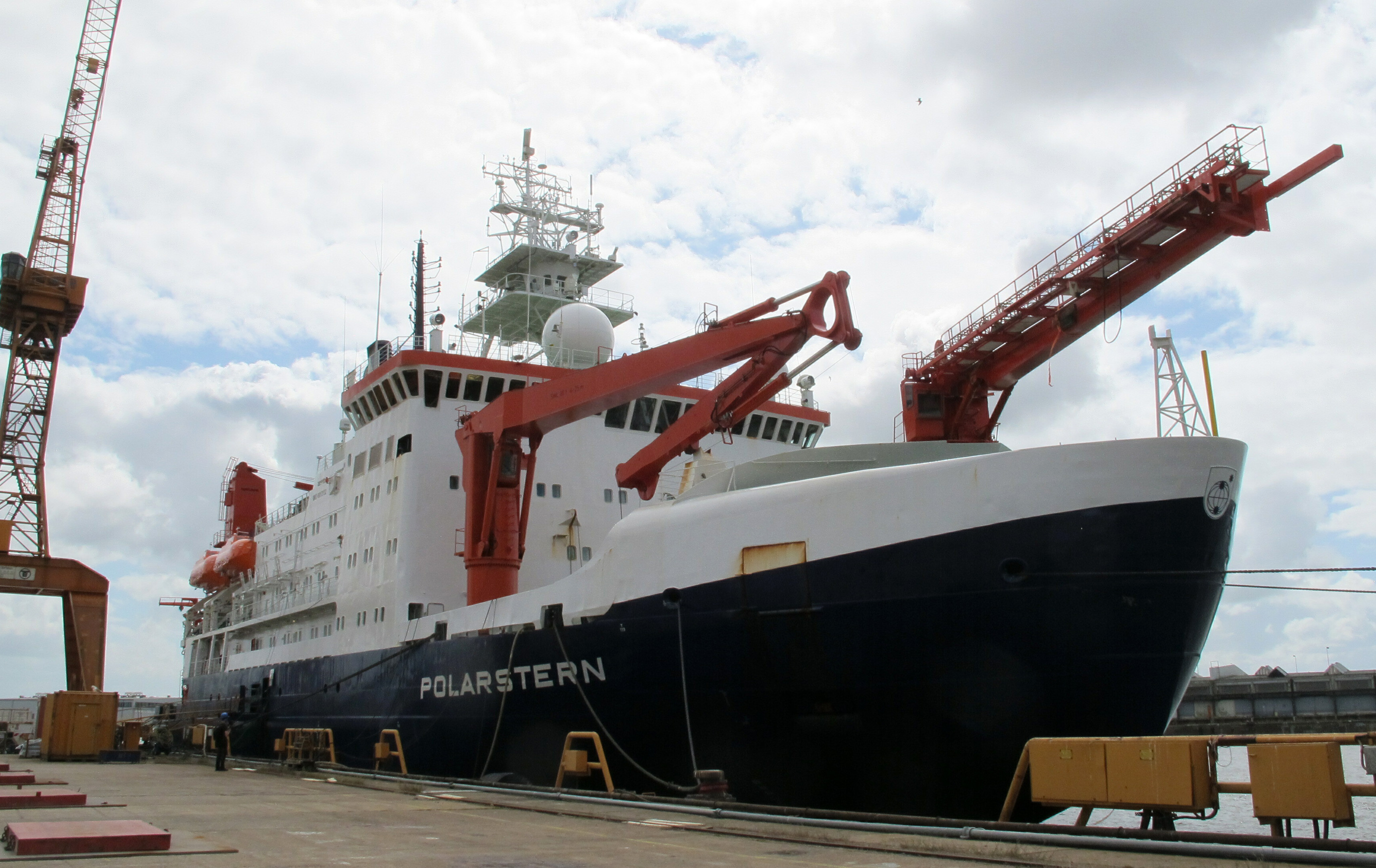 FILE - In this Wednesday, July 3, 2019 file photo the German Arctic research vessel 'Polarstern' is docked for maintenance in Bremerhaven, Germany. About 100 researchers will set sail Friday from Tromso, Norway, aboard the German icebreaker 'Polarstern' in an effort to understand how climate change is affecting the Arctic and regions beyond. (AP Photos/Frank Jordans, file)