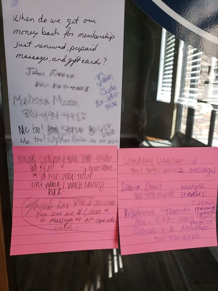 Angry customers left notes pleading for refunds from CK Massage in Lehi after the spa unexpectedly closed Sunday, Sept. 15, 2019. (Photo: Courtesy of Bryce Simpson)