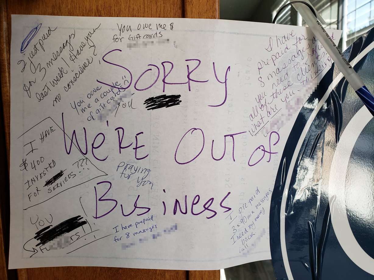 Angry customers left notes pleading for refunds from CK Massage in Lehi after the spa unexpectedly closed Sunday, Sept. 15, 2019. (Photo: Courtesy of Bryce Simpson)