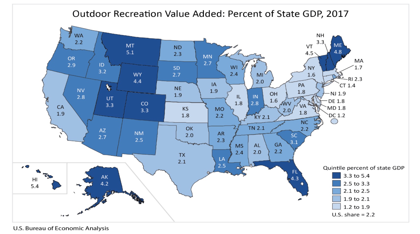 This map shows how much of each state's Gross Domestic Product is created by outdoor recreation. (Photo: U.S. Bureau of Economic Analysis)