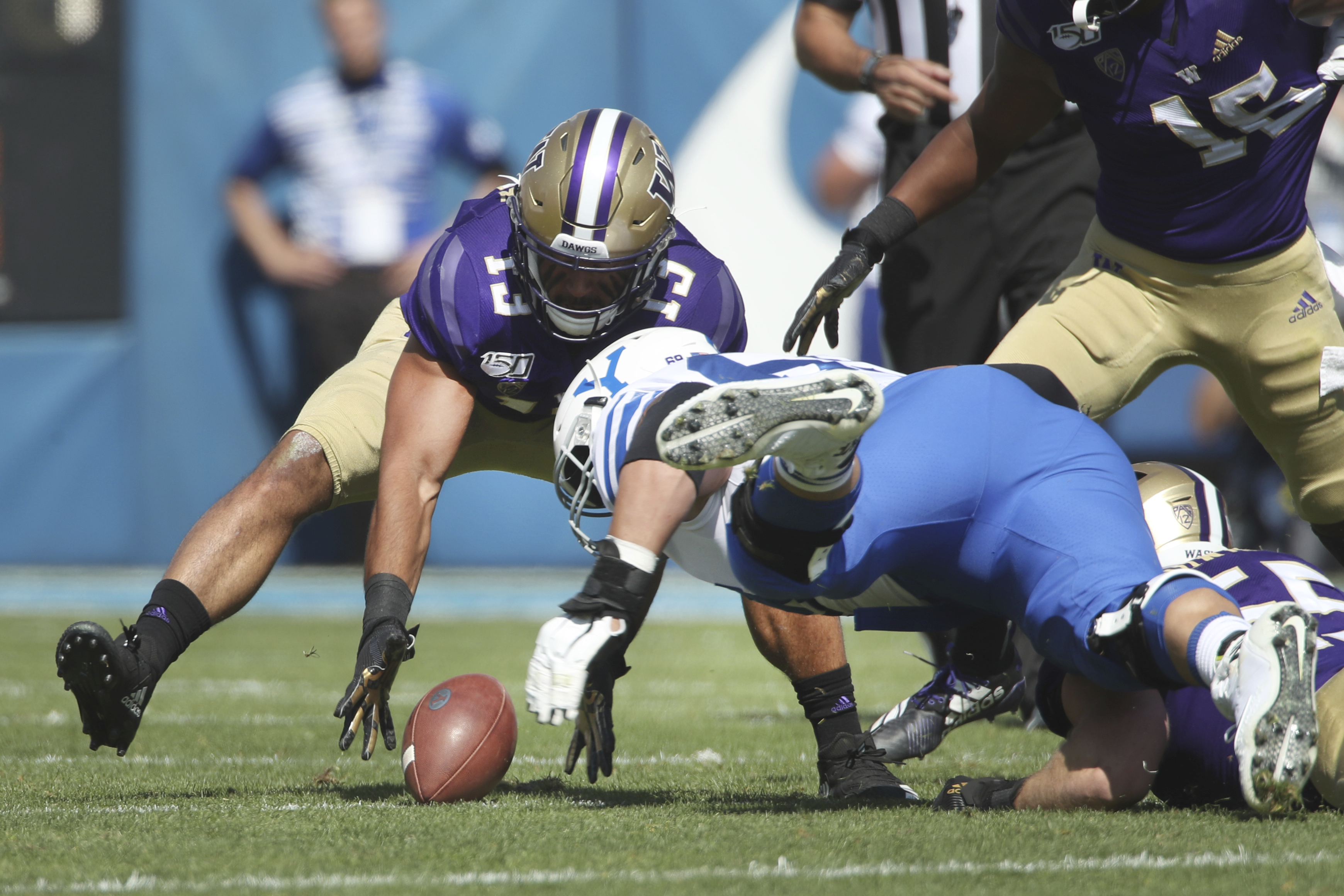 Washington linebacker Brandon Wellington (13) gathers a loose ball from BYU offensive lineman Tristen Hoge (69) in the first half, during an NCAA college football game, Saturday, Sept. 21, 2019, in Provo, Utah. (AP Photo/George Frey)