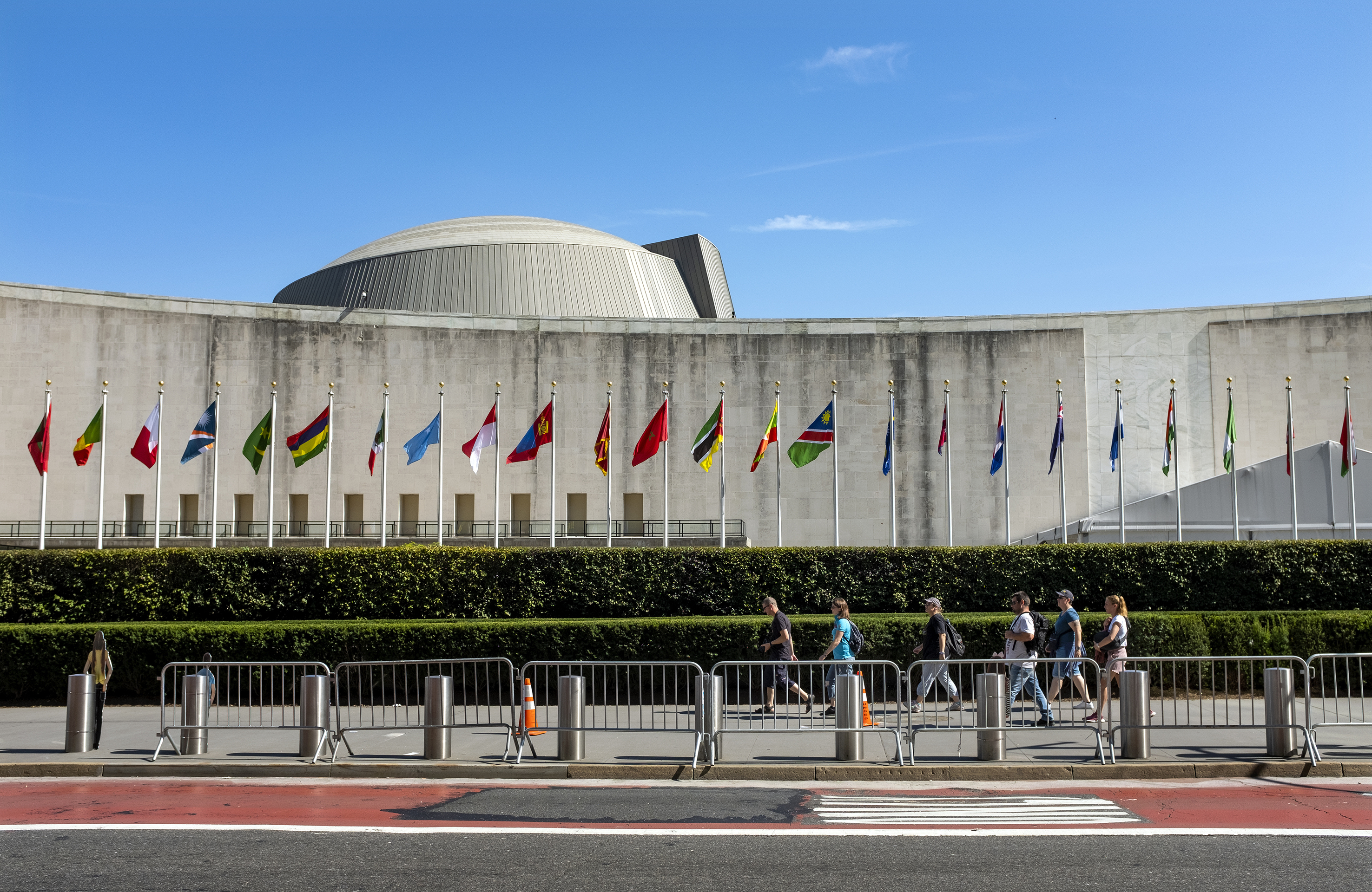 Temporary security barricades stand along 1st Ave. in New York in front of United Nations Headquarters Saturday, Sept. 21, 2019, as the United Nations General Assembly gets underway today and into the coming week. (Craig Ruttle, AP Photo)