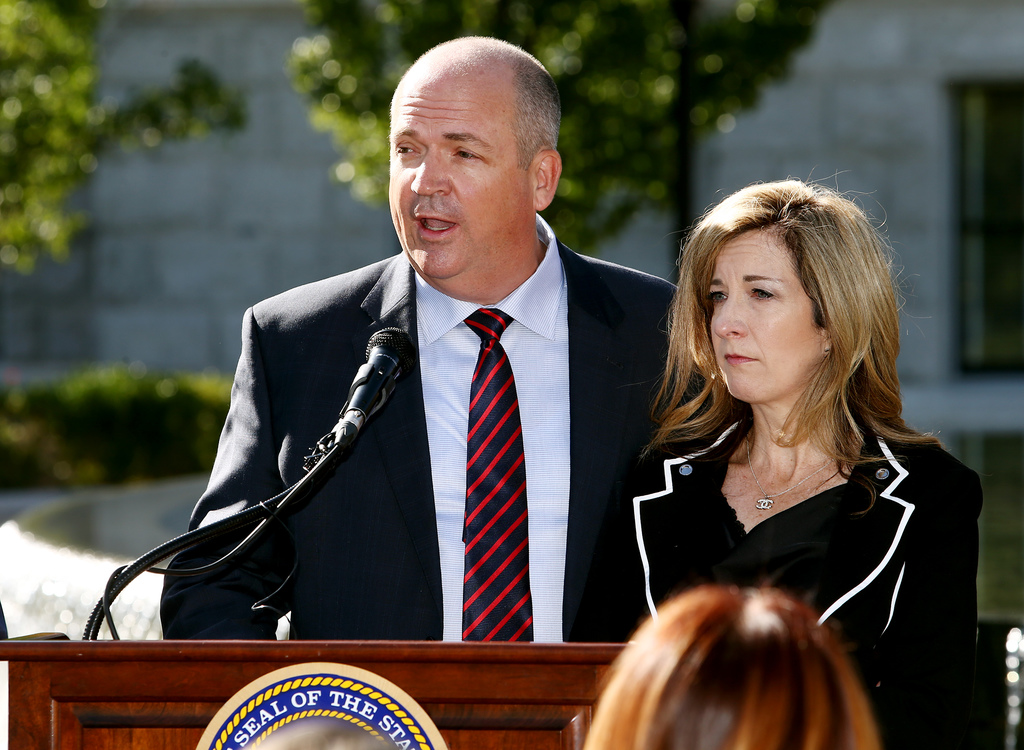 Greg and Julie Cook, co-founders of doTERRA, speak as they join state and local leaders in announcing the achievement of a private match donation for suicide prevention in Utah at a press conference at the state Capitol in Salt Lake City on Monday, Sept. 23, 2019.