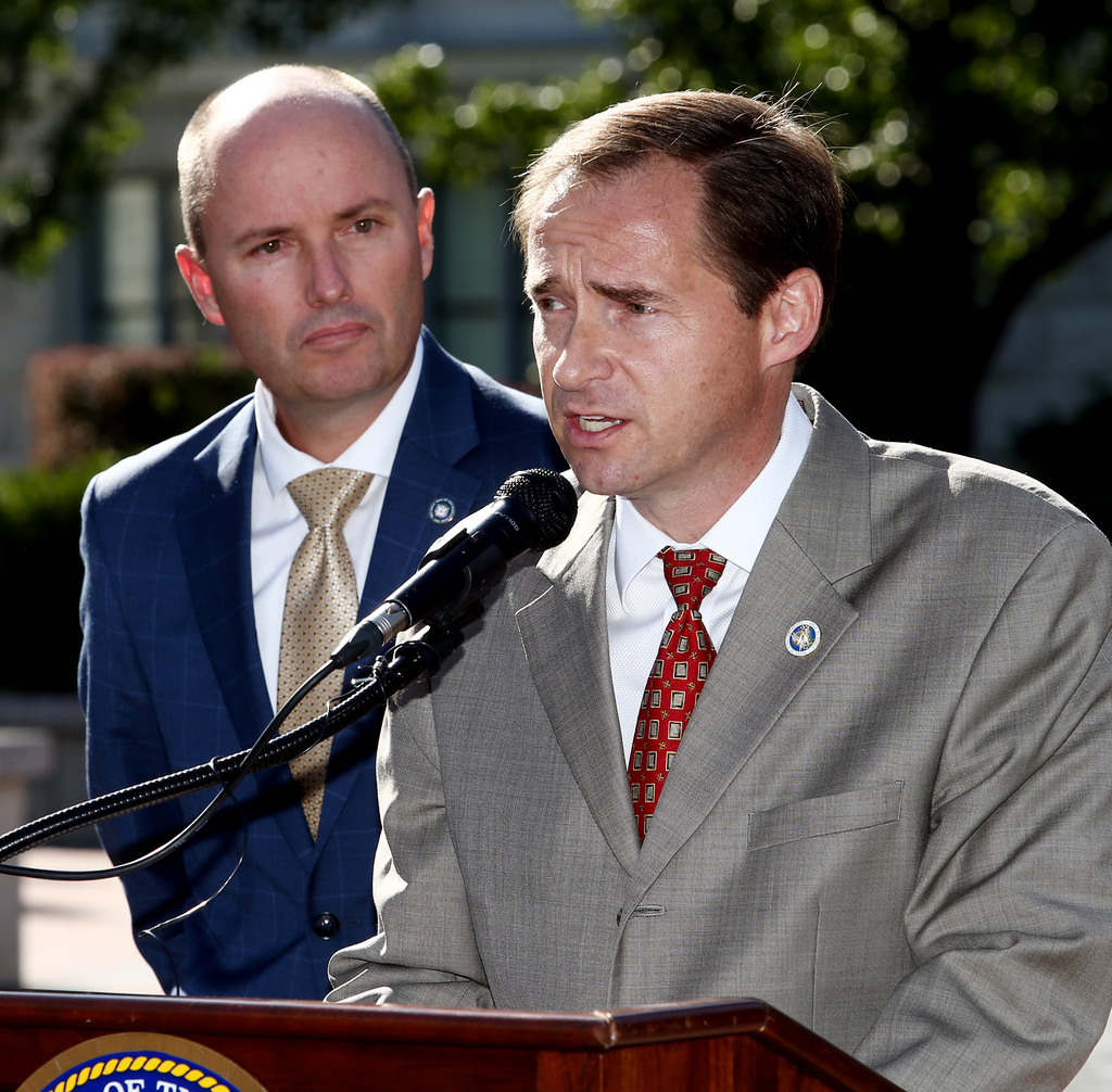 Utah Lt. Gov. Spencer Cox, left, listens as Rep. Steve Eliason, sponsor of match legislation HB393, announced the achievement of a private match donation for suicide prevention in Utah at a press conference at the state Capitol in Salt Lake City on Monday, Sept. 23, 2019. Photo: Scott G Winterton, KSL