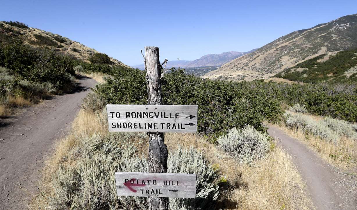 The trail marker at the Potato Hill Trailhead in Draper on Monday, Sept. 23, 2019. The trail is part of a 2,100-acre conservation easement of critical land that had been originally slated for development. Draper city and Salt Lake County officials met at the trailhead to commemorate the 2017 signing of the easement. Draper has over 100 miles of trails and 4,500 acres of open space in Corner Canyon and Traverse Ridge. (Photo: Steve Griffin, KSL.)