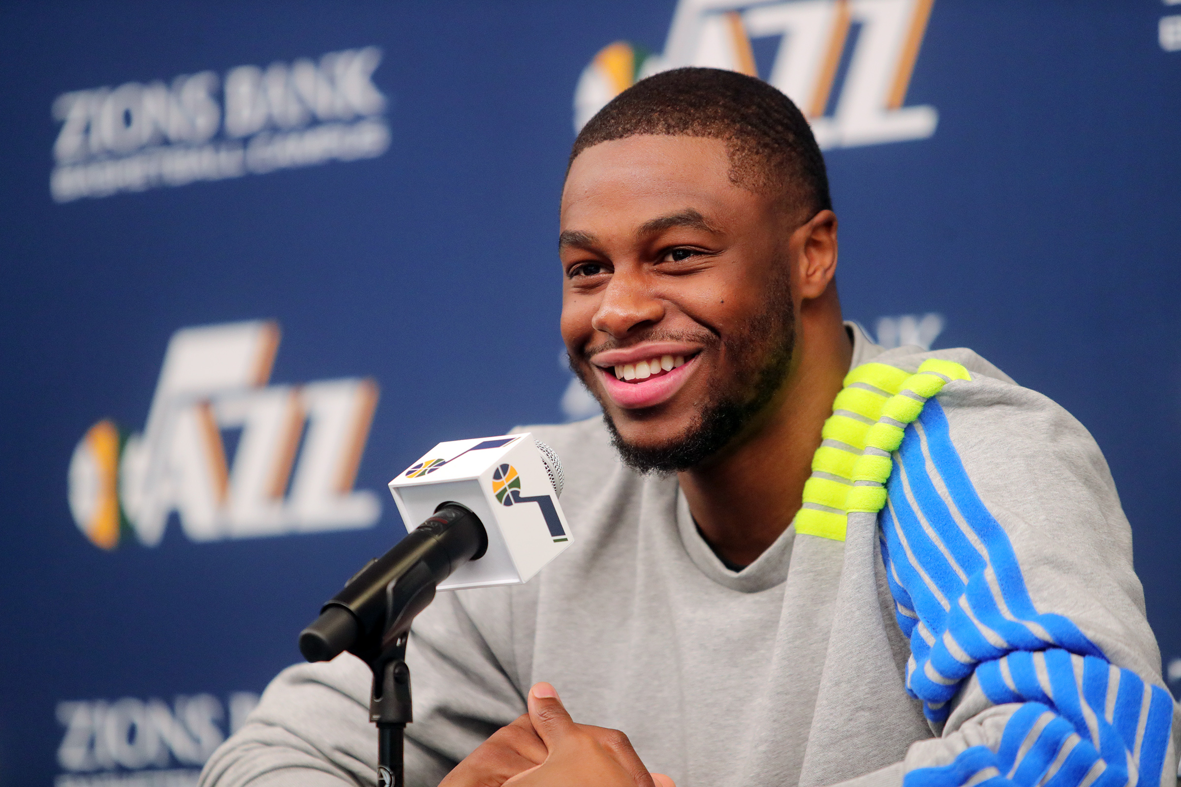 New Utah Jazz player Emmanuel Mudiay smiles as he answers a question at a press conference at the Zions Bank practice facility in Salt Lake City on Tuesday, July 23, 2019. (Photo: Scott G Winterton, KSL)