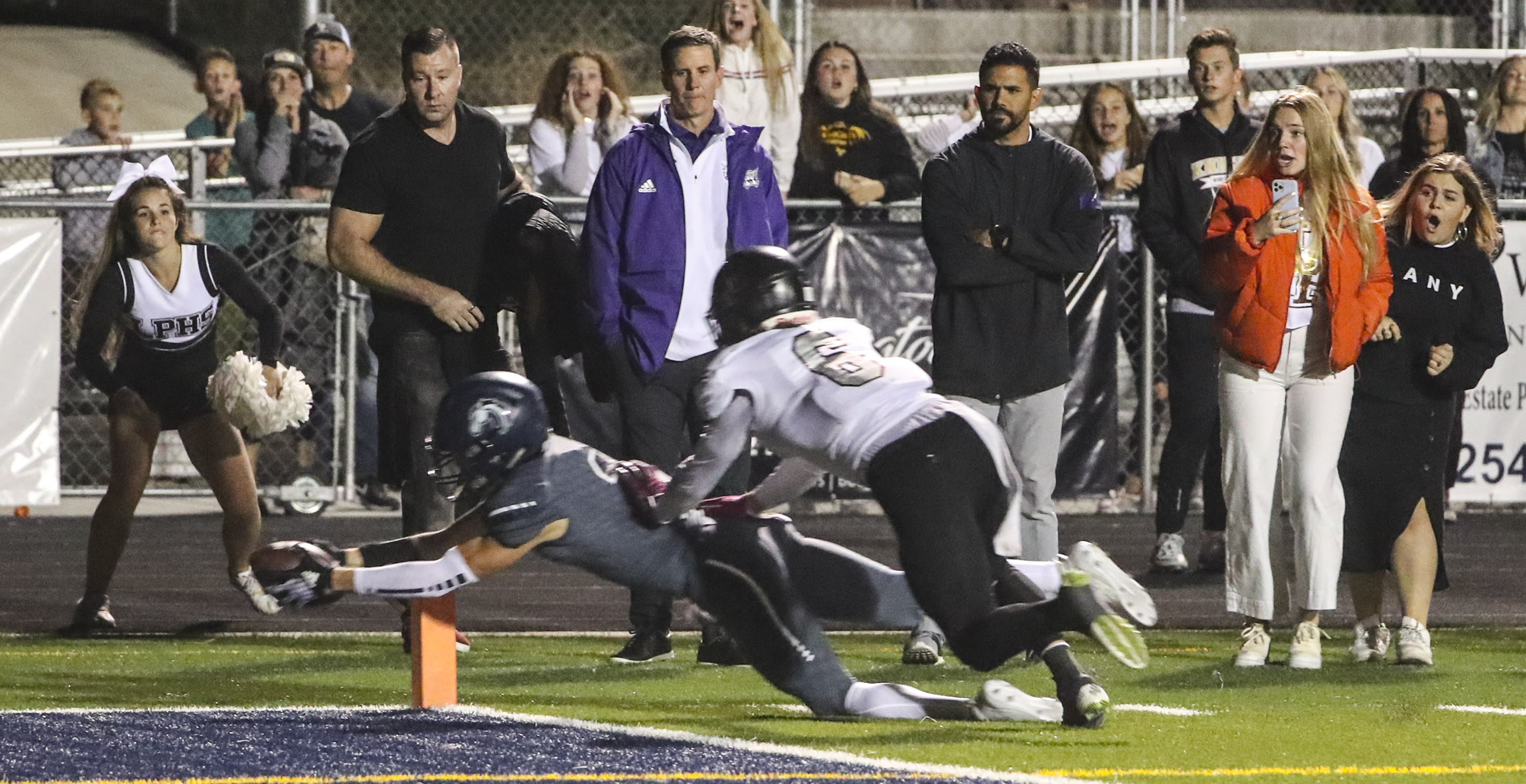Cody Hagen dives for the pylon for the game-winning touchdown as Corner Canyon rallies past Lone Peak in a Utah high school football game in Draper on Friday, Sept. 27, 2019. (Photo: Steve Griffin, KSL)