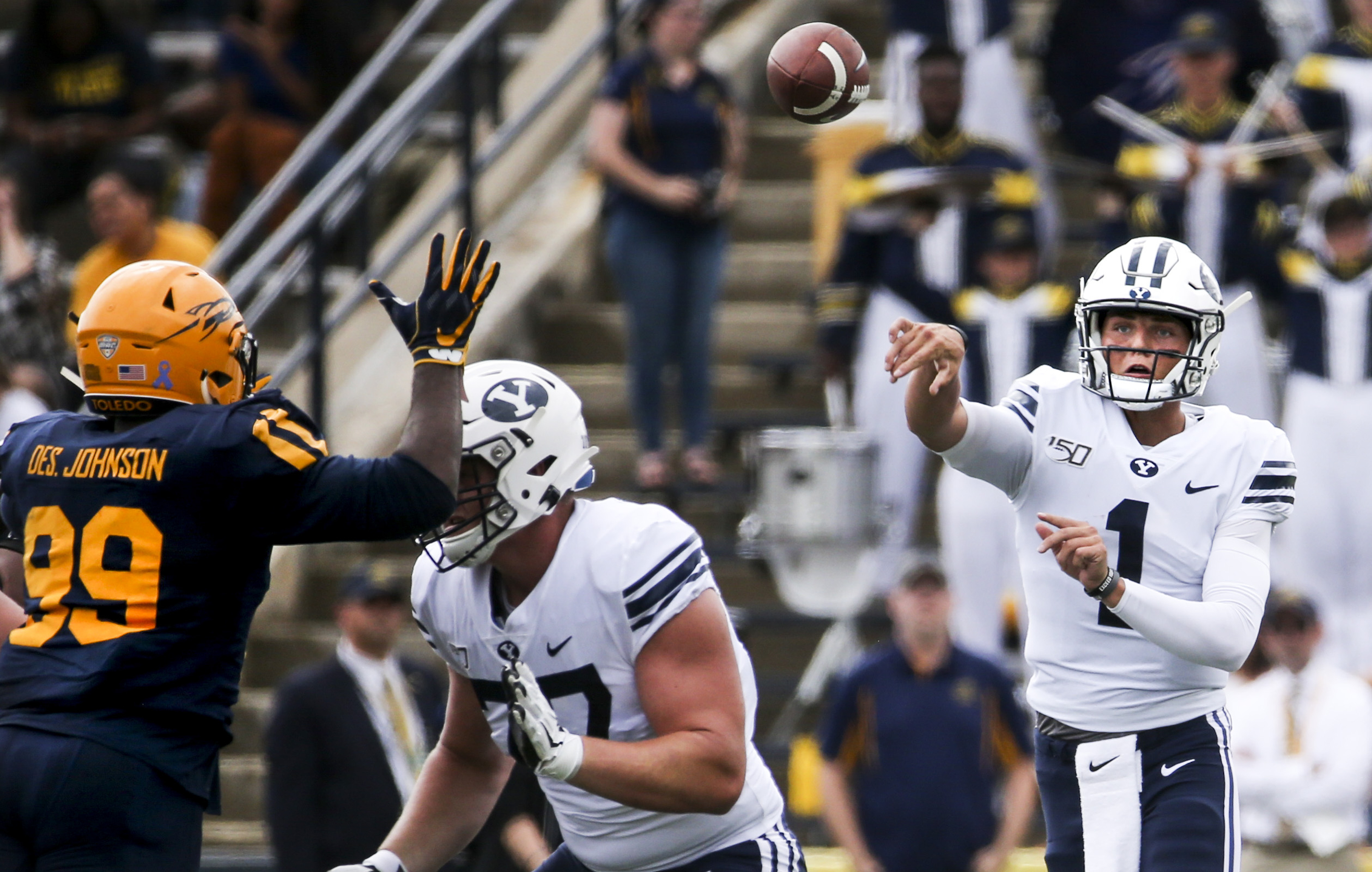 Brigham Young Cougars quarterback Zach Wilson (1) completes a pass during the first half of an NCAA football game at The Glass Bowl in Toledo, Ohio on Saturday, Sept. 28, 2019. (Photo: Colter Peterson, KSL)