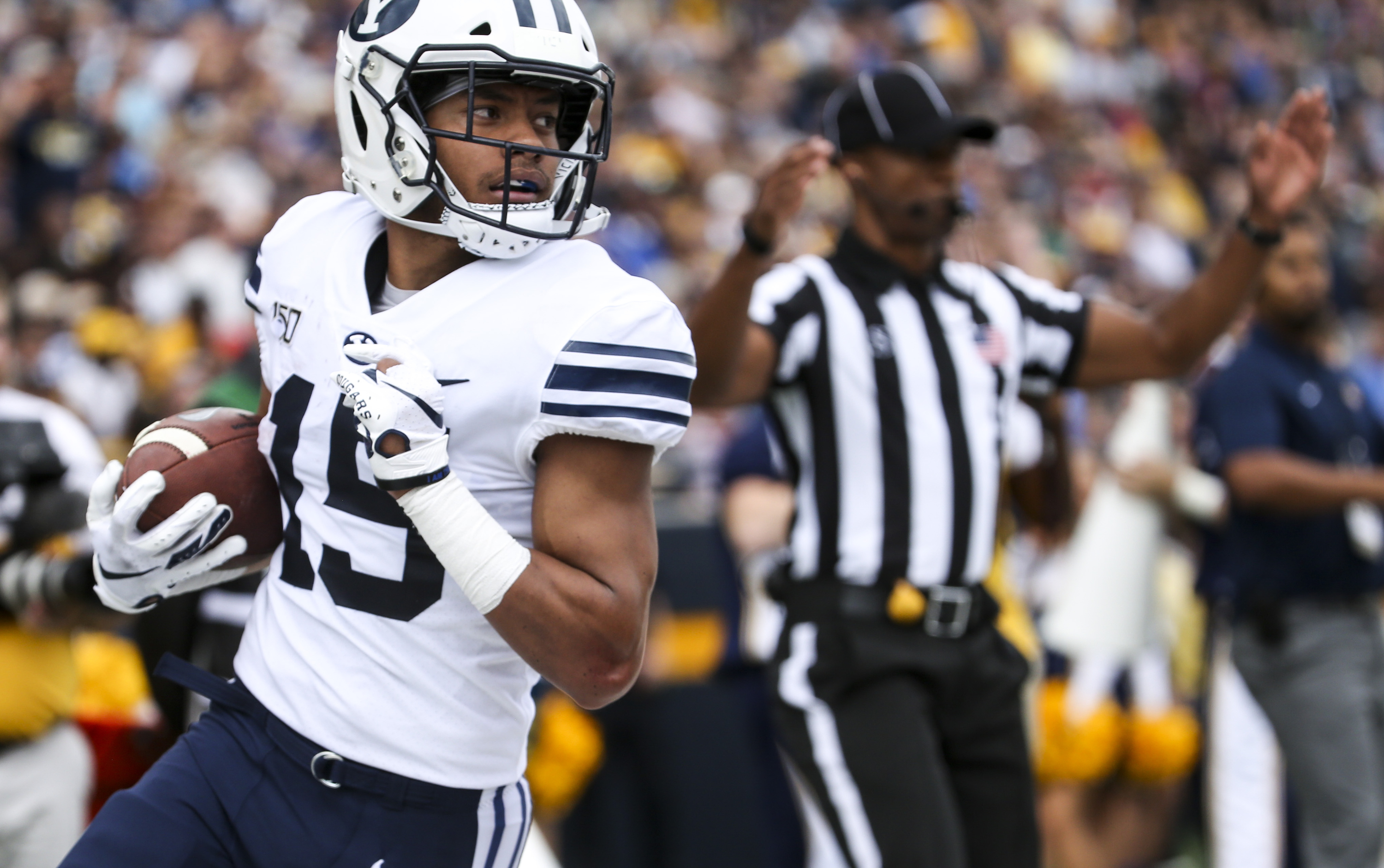 Brigham Young Cougars wide receiver Aleva Hifo (15) trots through the end zone after scoring during the second half of an NCAA football game at The Glass Bowl in Toledo, Ohio on Saturday, Sept. 28, 2019. The Cougars fell 28-21 to the Rockets. (Photo: Colter Peterson, KSL)