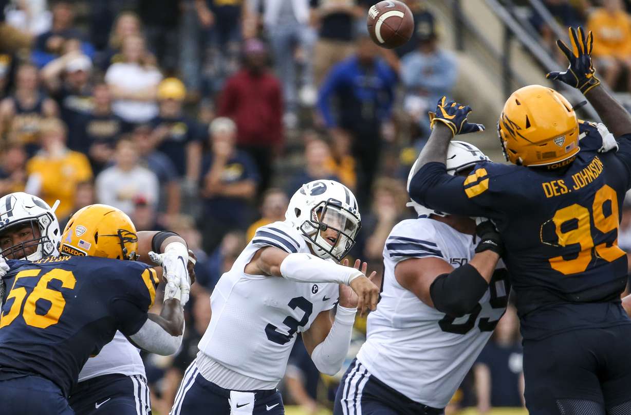 Brigham Young Cougars quarterback Jaren Hall (3) makes a throw during the second half of an NCAA football game at The Glass Bowl in Toledo, Ohio on Saturday, Sept. 28, 2019. Kelly stepped into the quarterback role late in the fourth after Zach Wilson, not pictured, left the field. The Cougars fell 28-21 to the Rockets. (Photo: Colter Peterson, KSL)