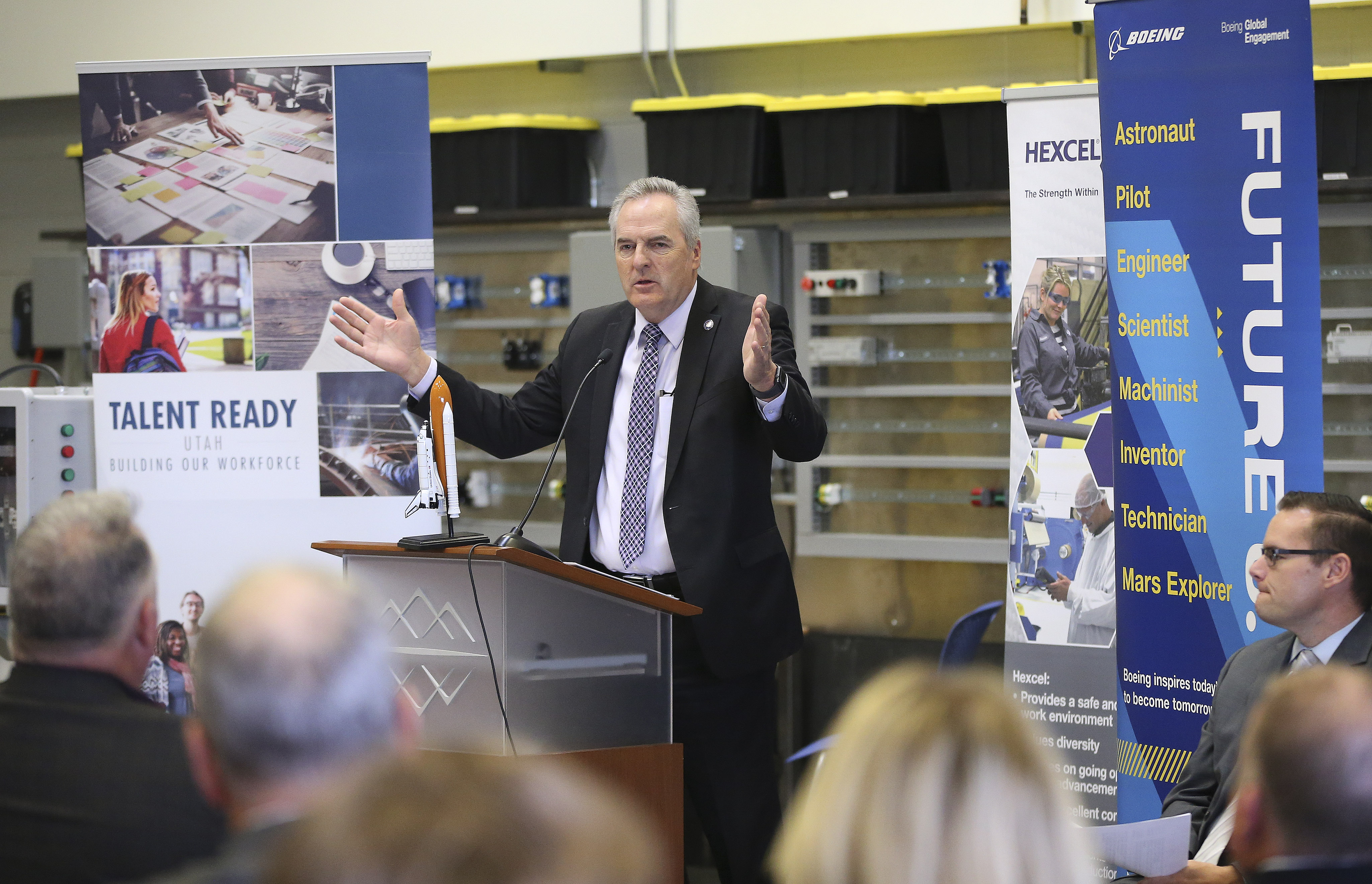 Val Hale, executive director of the Utah Governor's Office of Economic Development, speaks at the Tooele Technical College in Tooele on Wednesday, Sept. 11, 2019. The Utah Aerospace Pathways program is expanding at the college and the Tooele County School District. (Jeffrey D. Allred, KSL)
