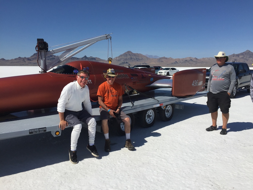 Rob Freyvogel, center, and members of his team pose with his custom speed vehicle, the Carbiliner. Freyvogel was injured during the World of Speed event at the Bonneville Salt Flats attempting to take the car to 500 mph. Photo: Sue Freyvogel
