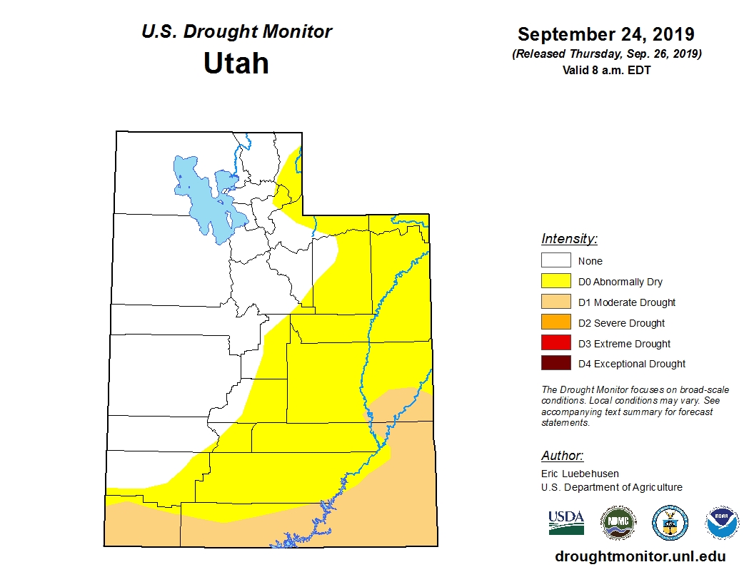 A map showing drought conditions in Utah as of Tuesday, Sept. 24, 2019. It shows a little more than 16% of the state is in a moderate drought. (Photo: U.S. Drought Monitor)