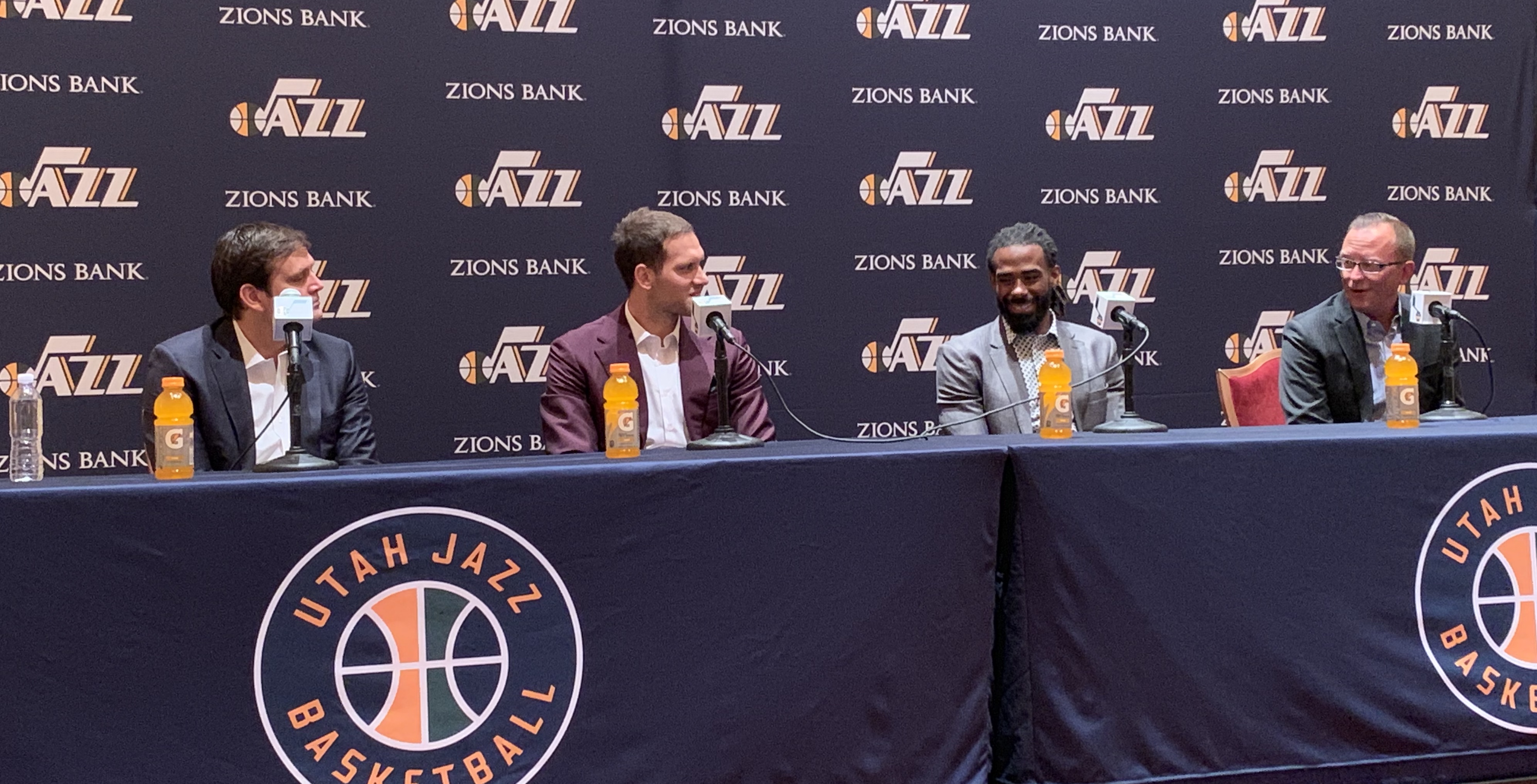 Mike Conley and Bojan Bogdanovic participate in an introductory press conference for the Utah Jazz on Monday, July 8, 2019 in Las Vegas alongside executive vice president of basketball operations Dennis Lindsey and general manager Justin Zanik. (Photo: Eric Woodyard, KSL.)