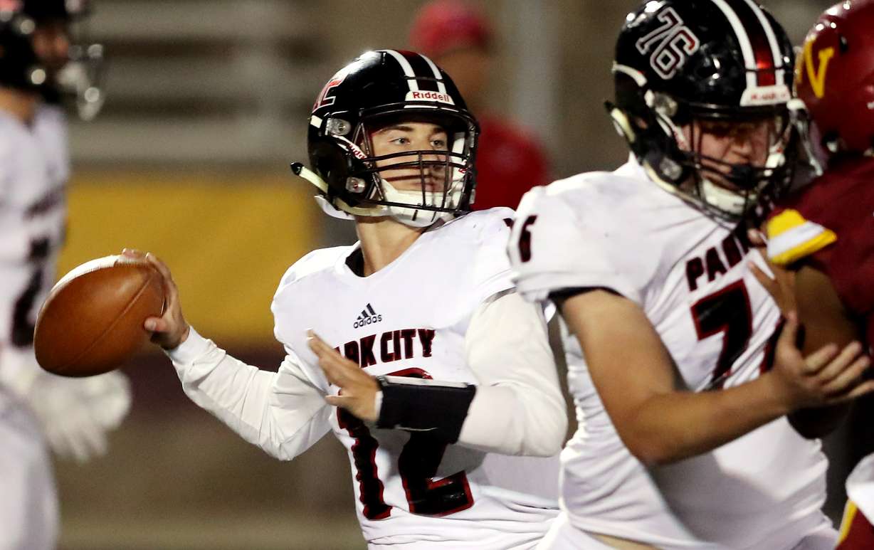 Park City's Jack Skidmore sets to make a pass down field as Park City and Mountain View play a high school football game in Orem on Friday, Sept. 27, 2019. (Photo: Scott G Winterton, KSL)