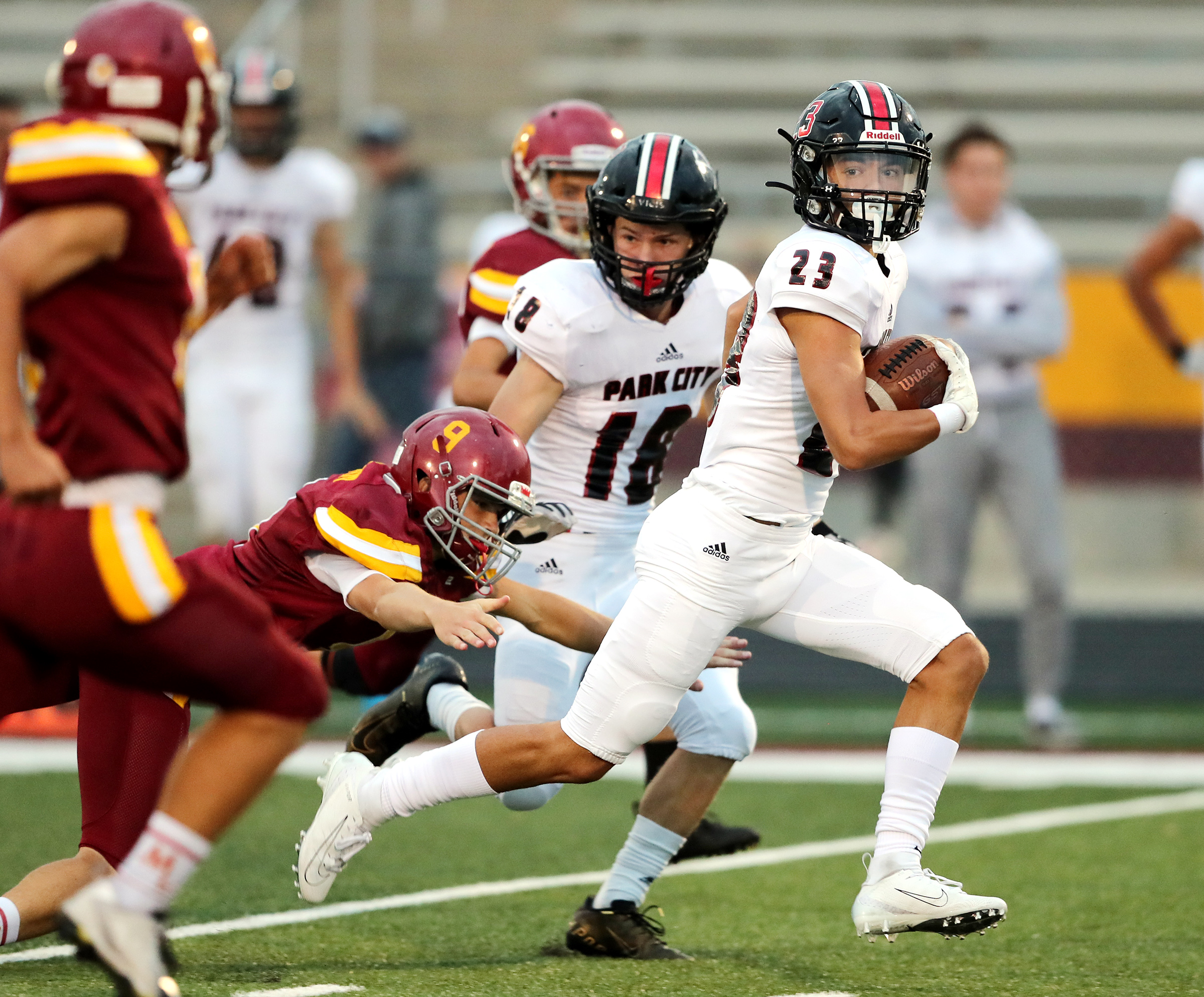 Park City's Jake Kohn runs after making a catch for a large pickup on the first play from scrimmage as Park City and Mountain View play a high school football game in Orem on Friday, Sept. 27, 2019. Park City won 42-16. (Photo: Scott G Winterton, KSL)